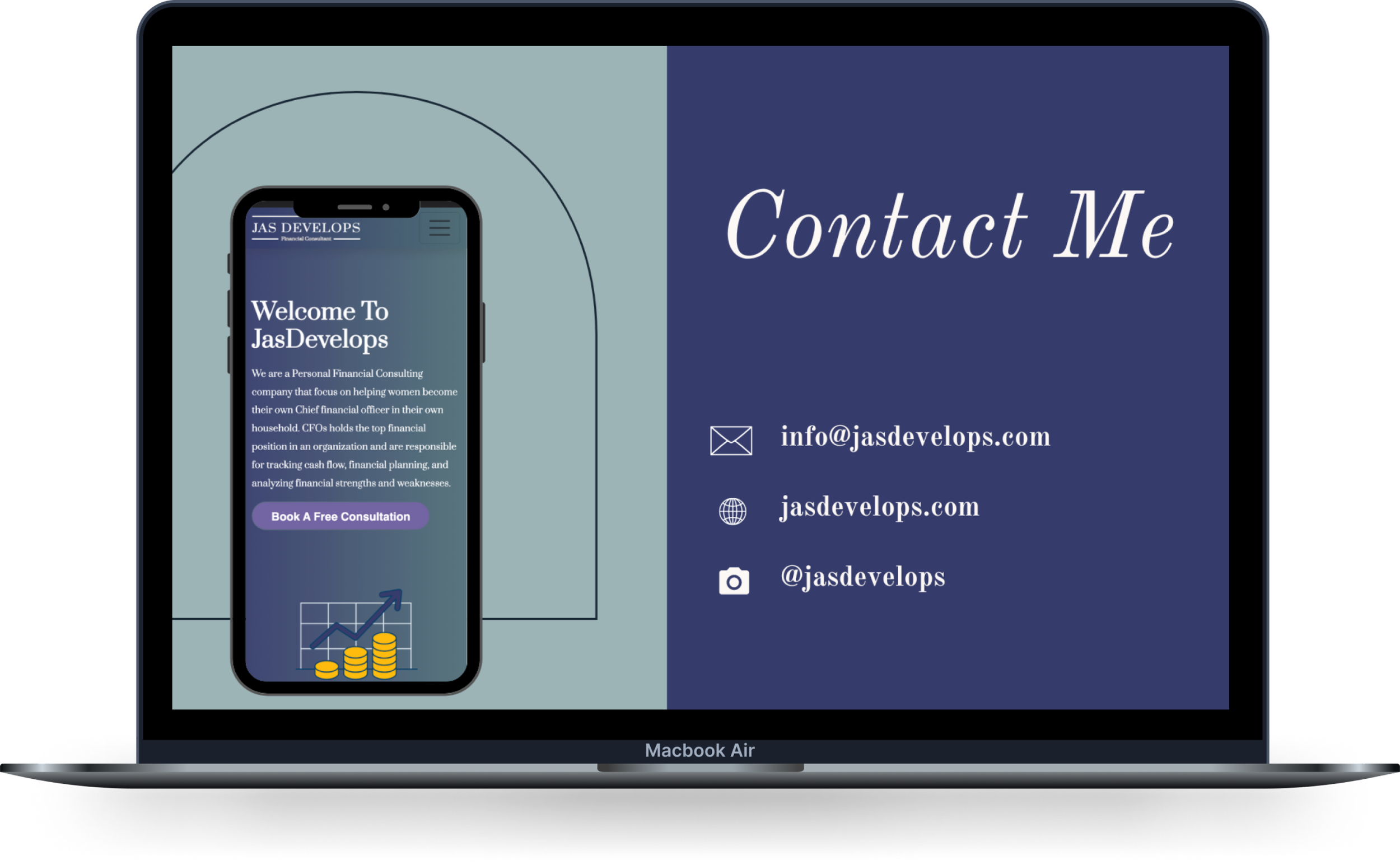 A laptop screen showing a website with a mobile phone displaying the same site. The webpage has the title 'JasDevelops' and sections including a welcome message, a 'Book A Free Consultation' button, and an illustration of a rising graph with coins. On the right side, there is a dark blue section with contact information: an email, website, and Instagram handle.
