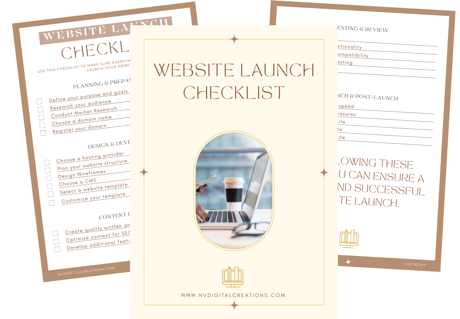 A digital image showing a website launch checklist with pages listing various steps for planning, designing, and content creation, and a central page featuring a photo of a person using a laptop and holding a tablet, with coffee cups nearby.