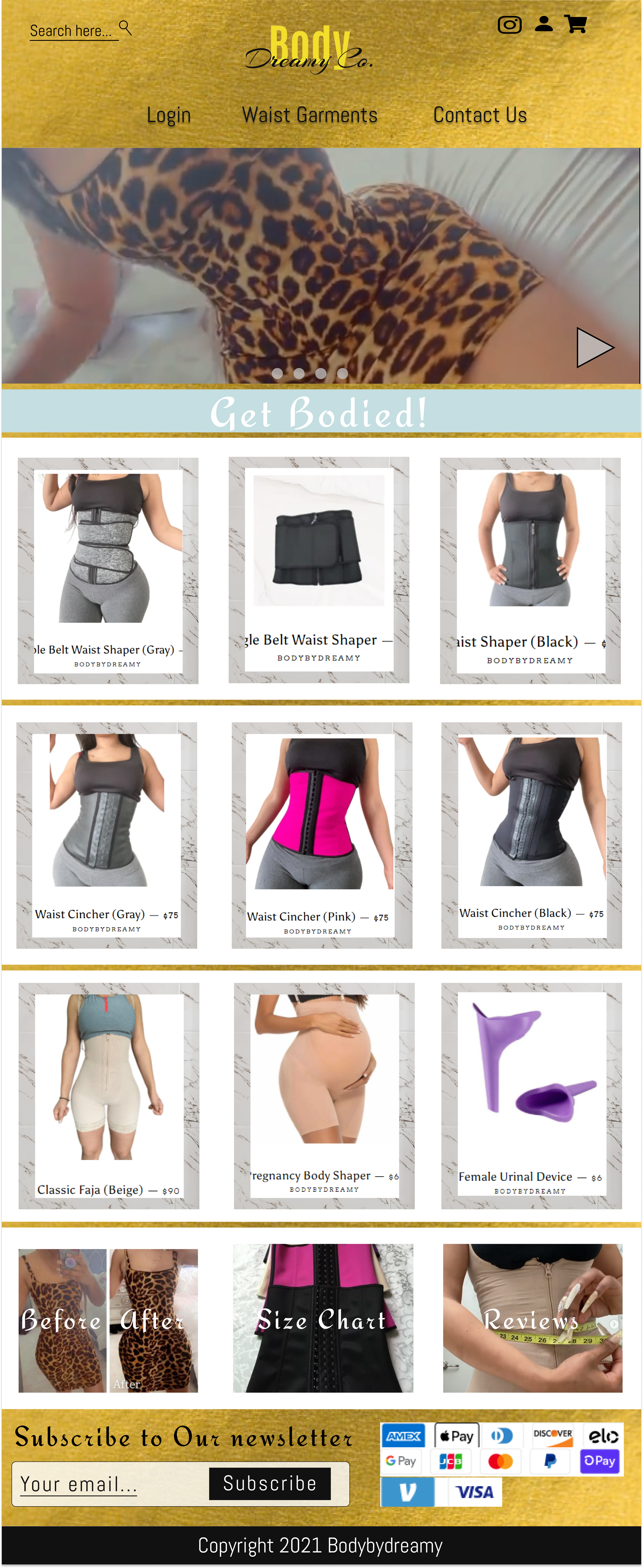 Website with fitness and body shaping products, including waist shapers, corsets, a pregnancy body shaper, and female urinal device, featuring models and product images.