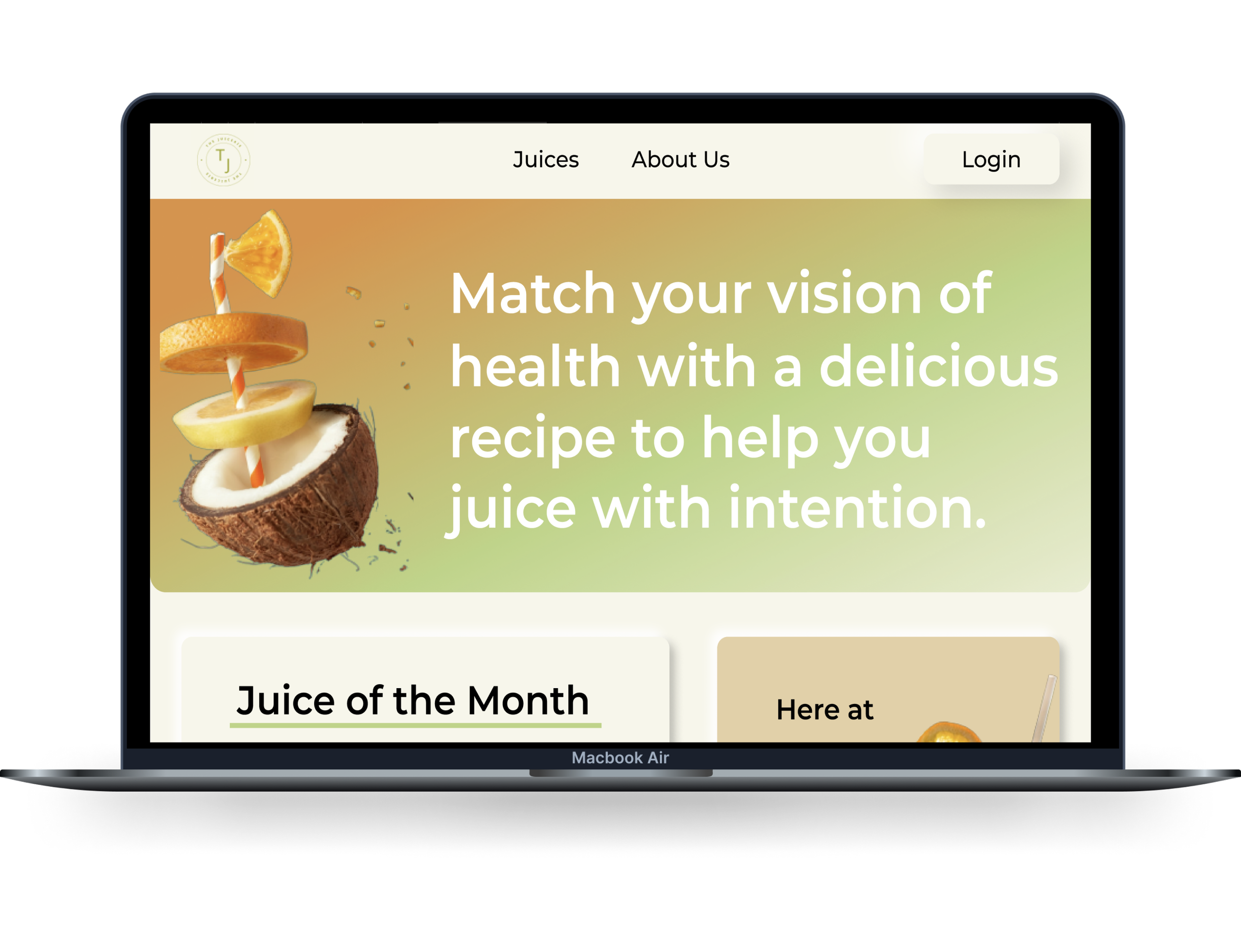 Webpage on a MacBook Air screen advertising a juice subscription service. The page features a floating coconut with orange and lemon slices on a striped straw, alongside text about health and juice recipes, with menu options for Juices, About Us, and Login.