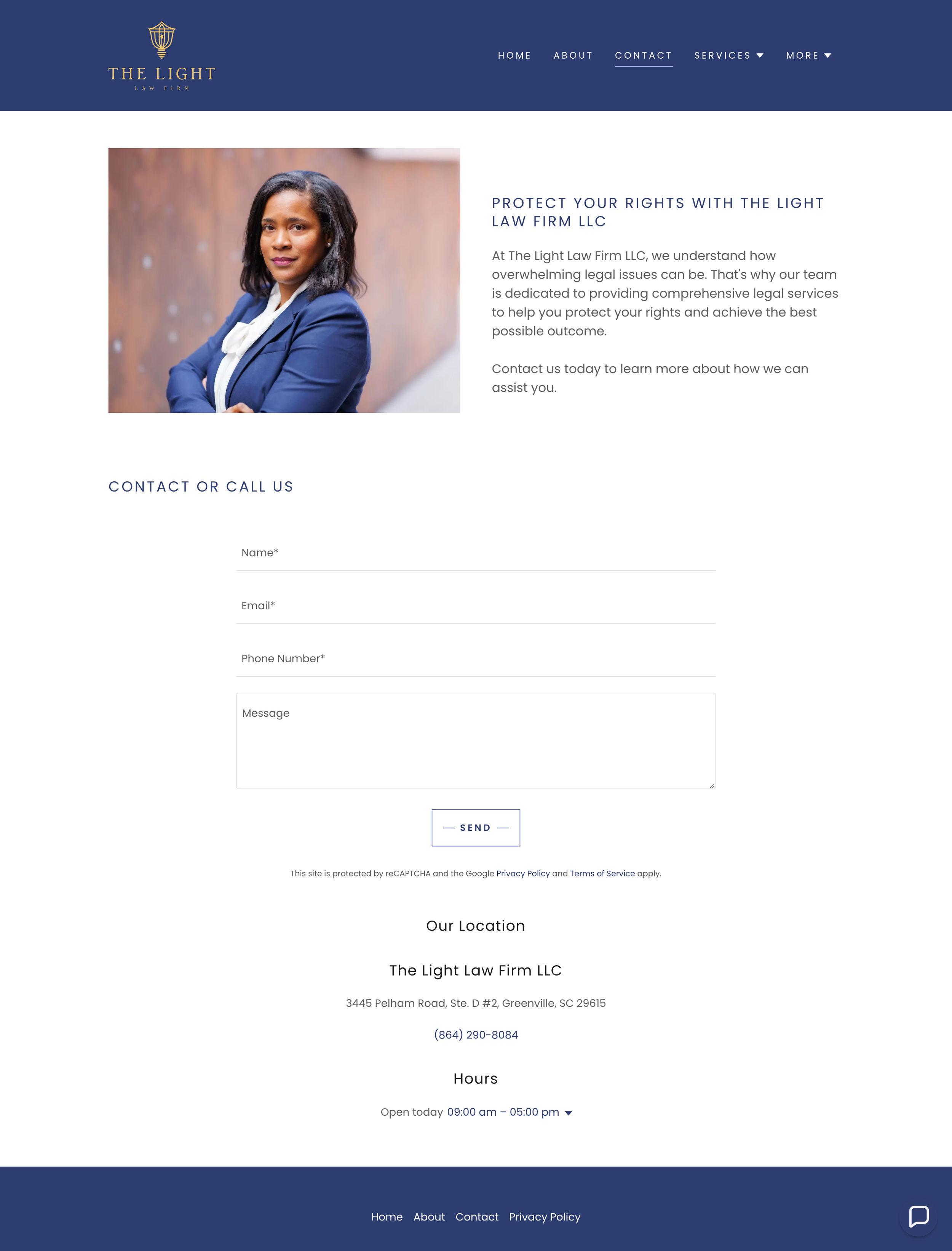 Website homepage for The Light Law Firm LLC featuring a woman in a blue suit with arms crossed, navigation menu, a contact form, and company contact information.