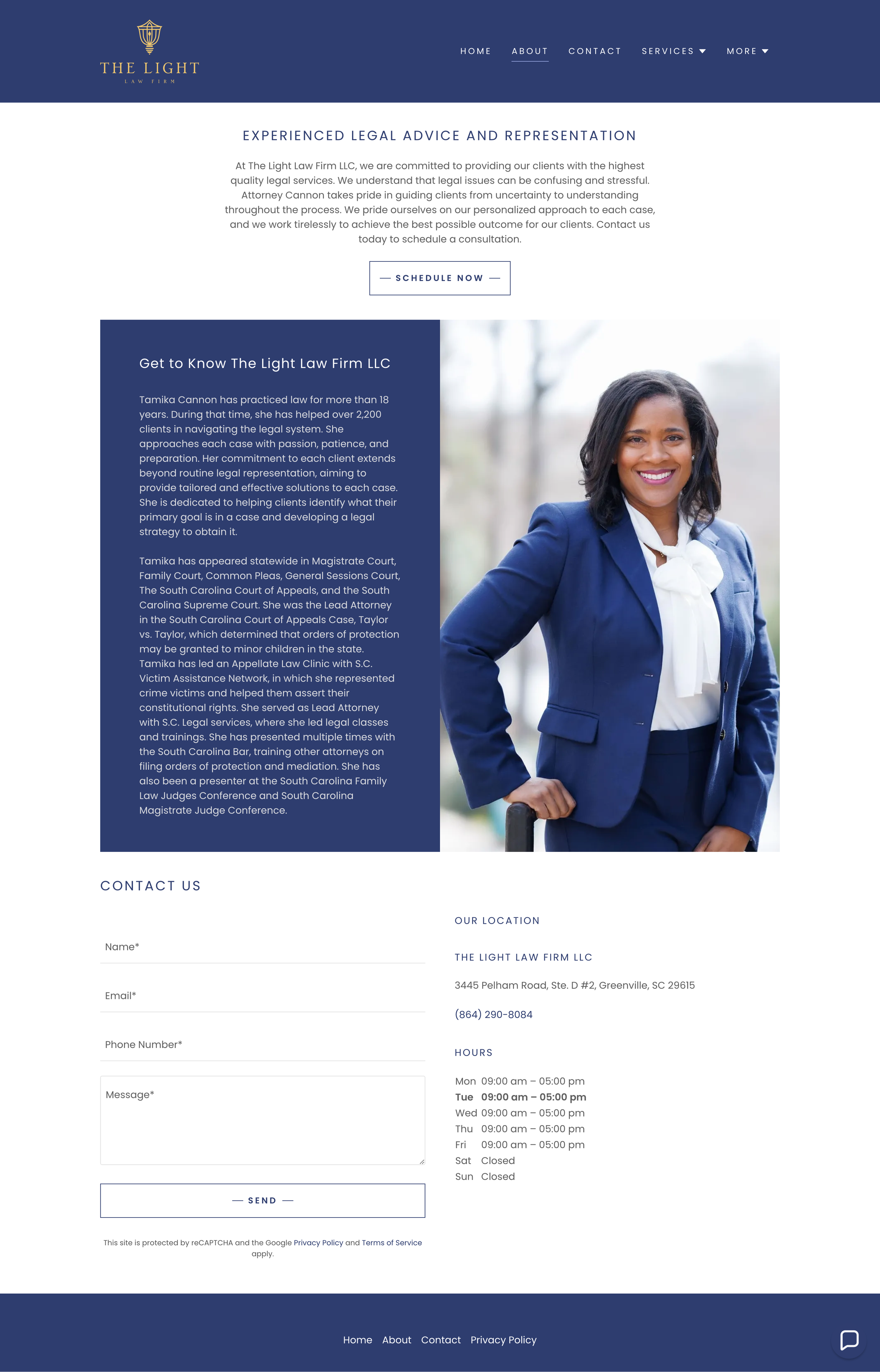 Homepage of The Light Law Firm LLC website featuring a firm introduction, a photo of a smiling female lawyer in a blue suit, and a contact form with office location and hours details.