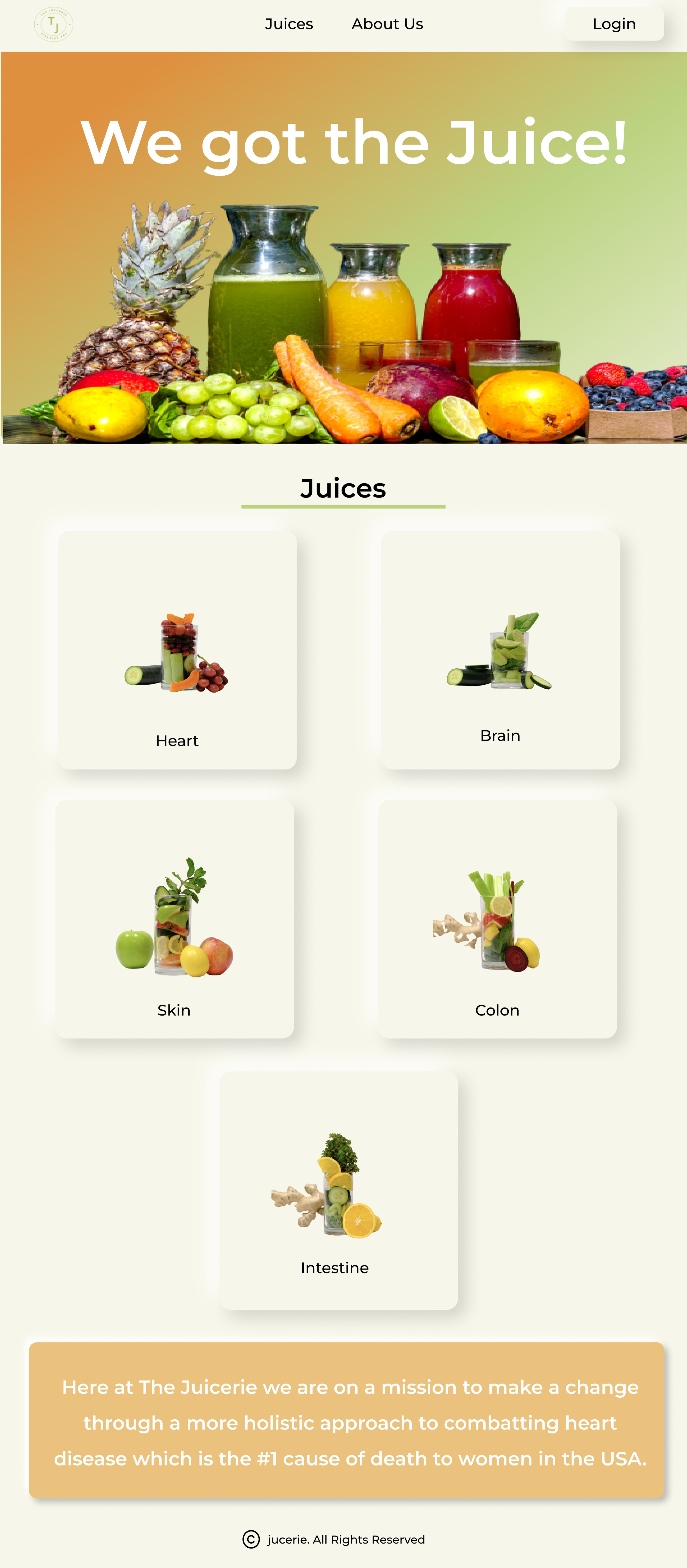 Website homepage for a juice company featuring fresh fruits and several juice options named Heart, Brain, Skin, Colon, and Intestine, with a mission statement about promoting heart health.