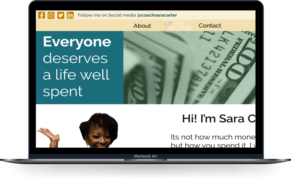 Screenshot of a personal finance website with a header that includes social media icons and follow link, main text stating 'Everyone deserves a life well spent,' a partial photo of a smiling woman with short curly hair, and a background image of US dollar bills.