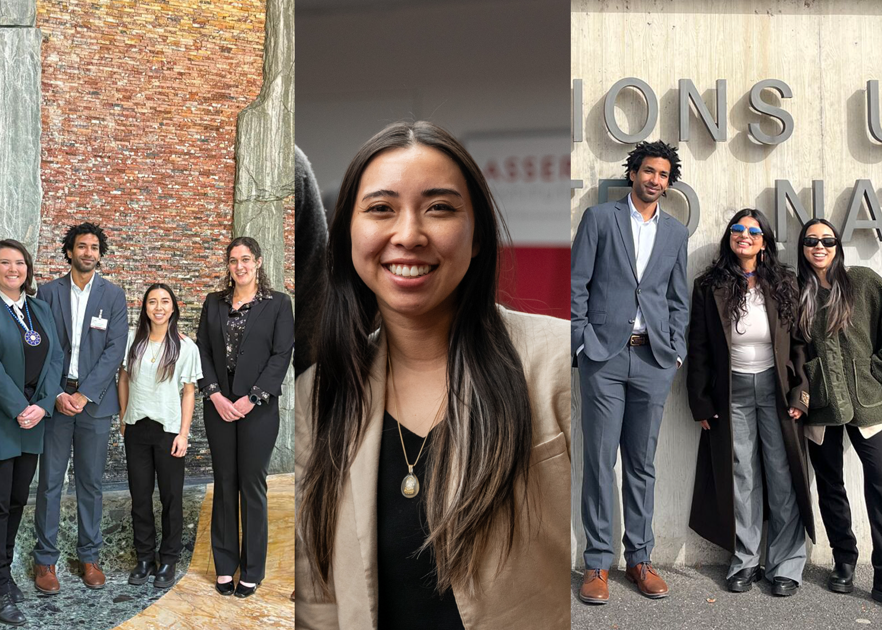 A collage of three pictures of UCLA Law in The Hague Student Robin