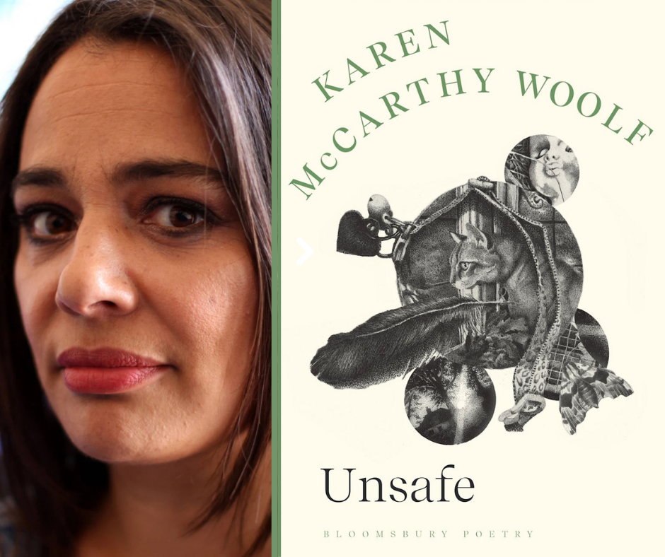 A portrait of Karen McCarthy Woolf and the Cover of her new book Unsafe.