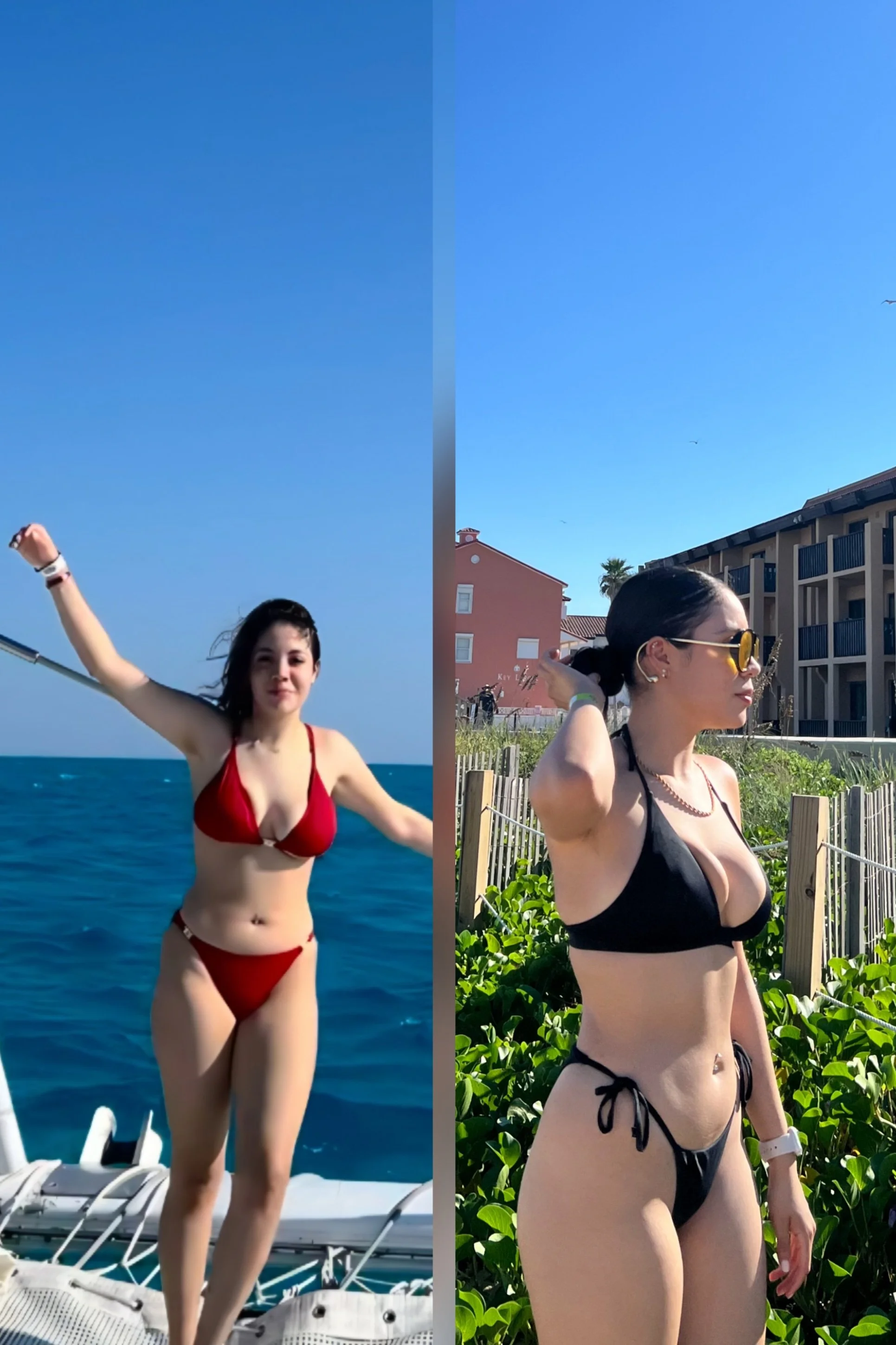 Two women in bikinis enjoying outdoor settings on sunny days. One woman is at the beach in a red bikini with the ocean in the background, and the other is outdoors near a building, wearing a black bikini with sunglasses, surrounded by greenery.