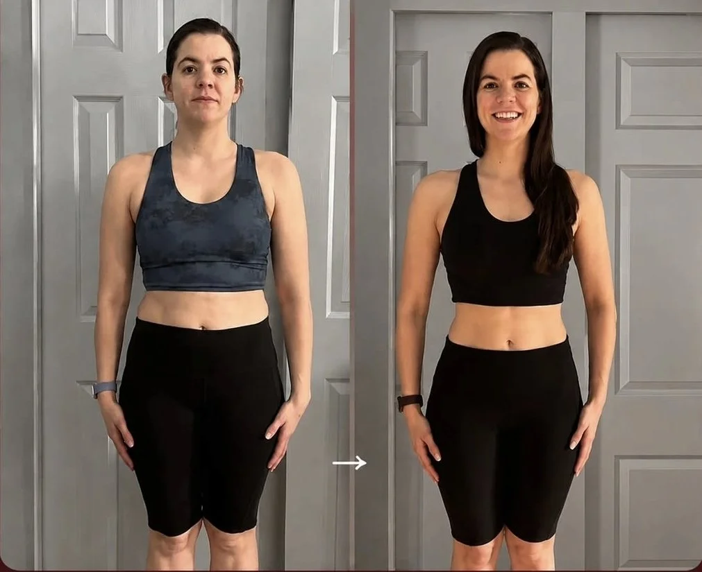 Side-by-side comparison of a woman before and after fitness transformation. In the before photo, she has a slightly relaxed expression, shorter dark hair, and wears a dark sports bra and black shorts. In the after photo, she is smiling, has longer da