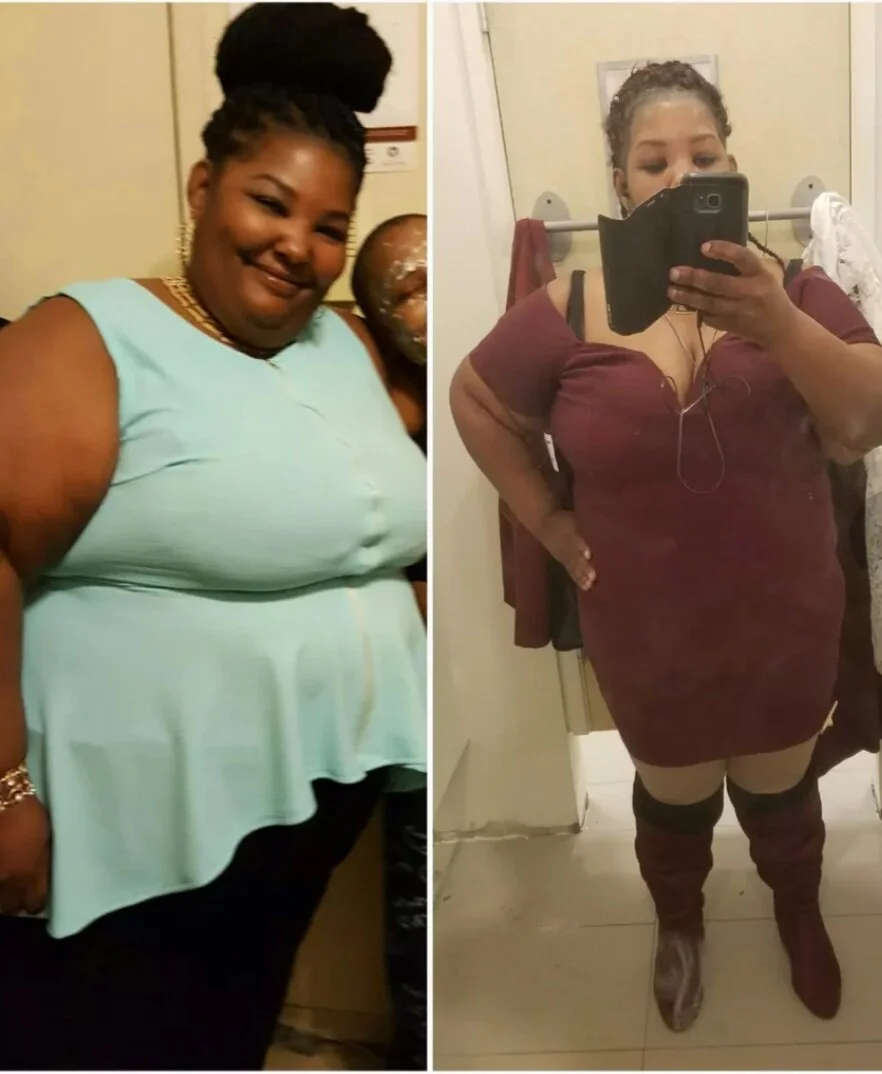 Side-by-side photos of the same woman, before and after weight loss, taking a mirror selfie in a bathroom with different outfits.