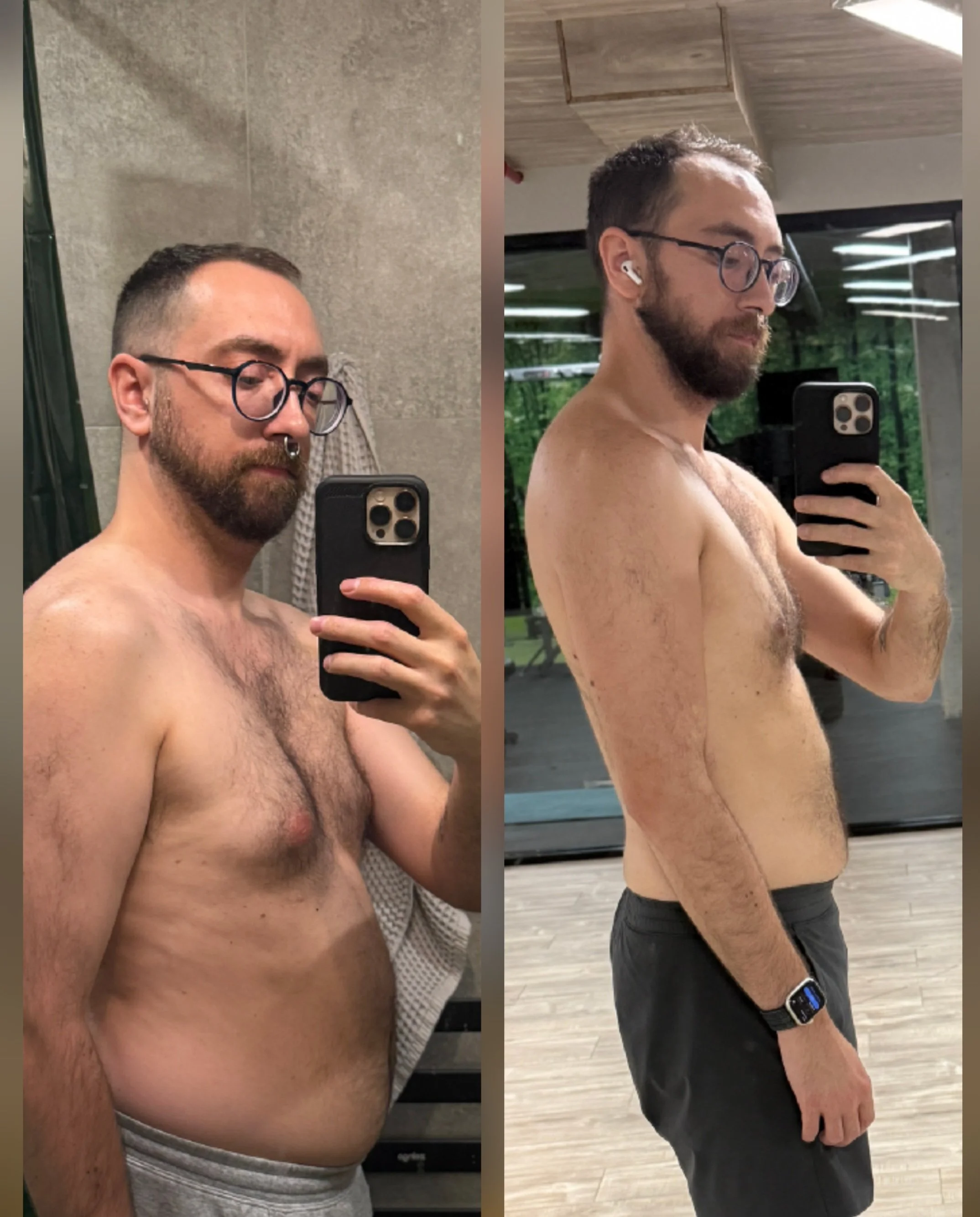 Side-by-side comparison of a naked man taking mirror selfies in a gym. The left photo shows the man with short hair, glasses, and a septum piercing, with a beard, in a bathroom with gray tiled walls. The right photo shows the same man with a beard an