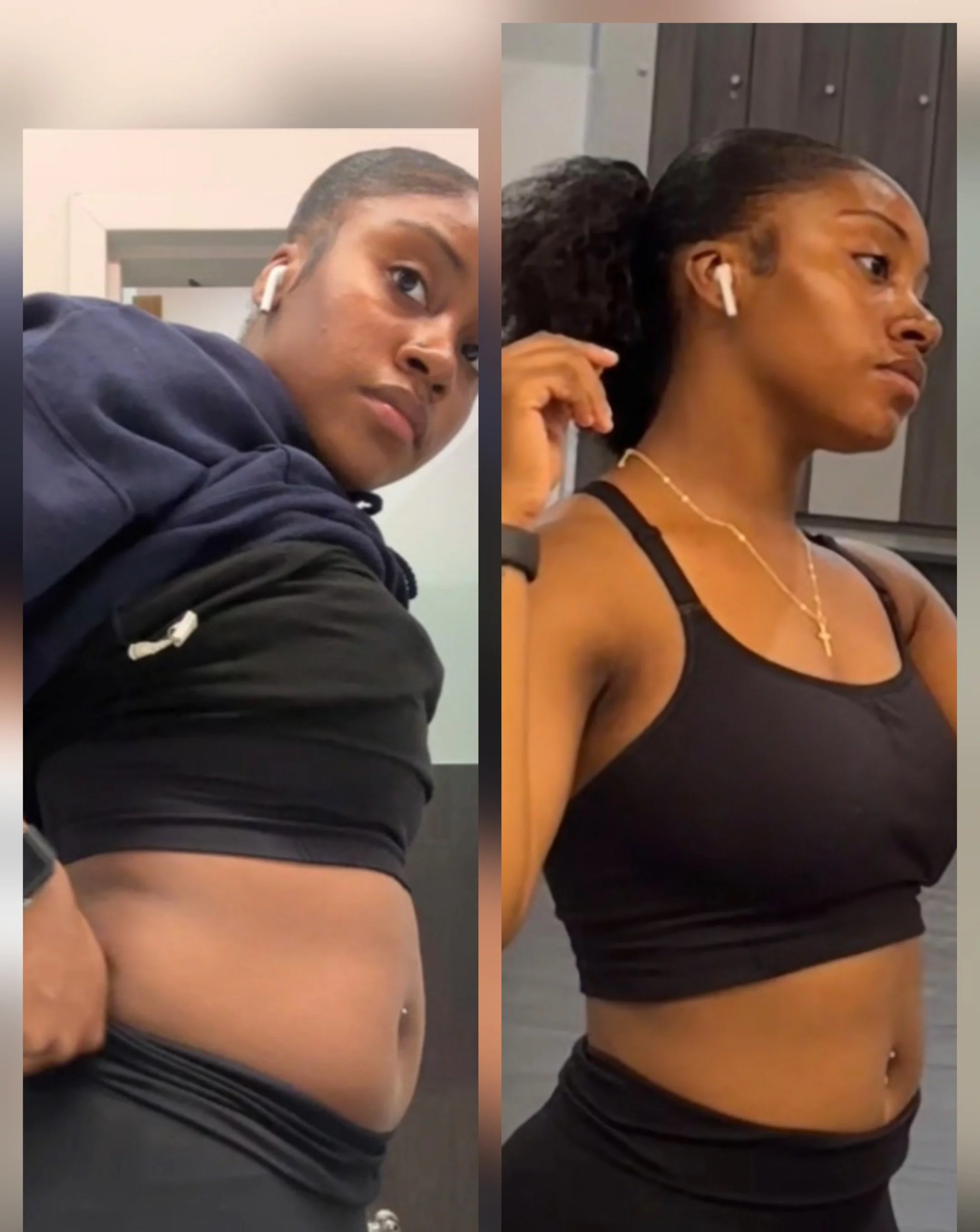 Side-by-side comparison of a woman before and after fitness transformation, showing toned physique, wearing black sportswear, with AirPods in both images.