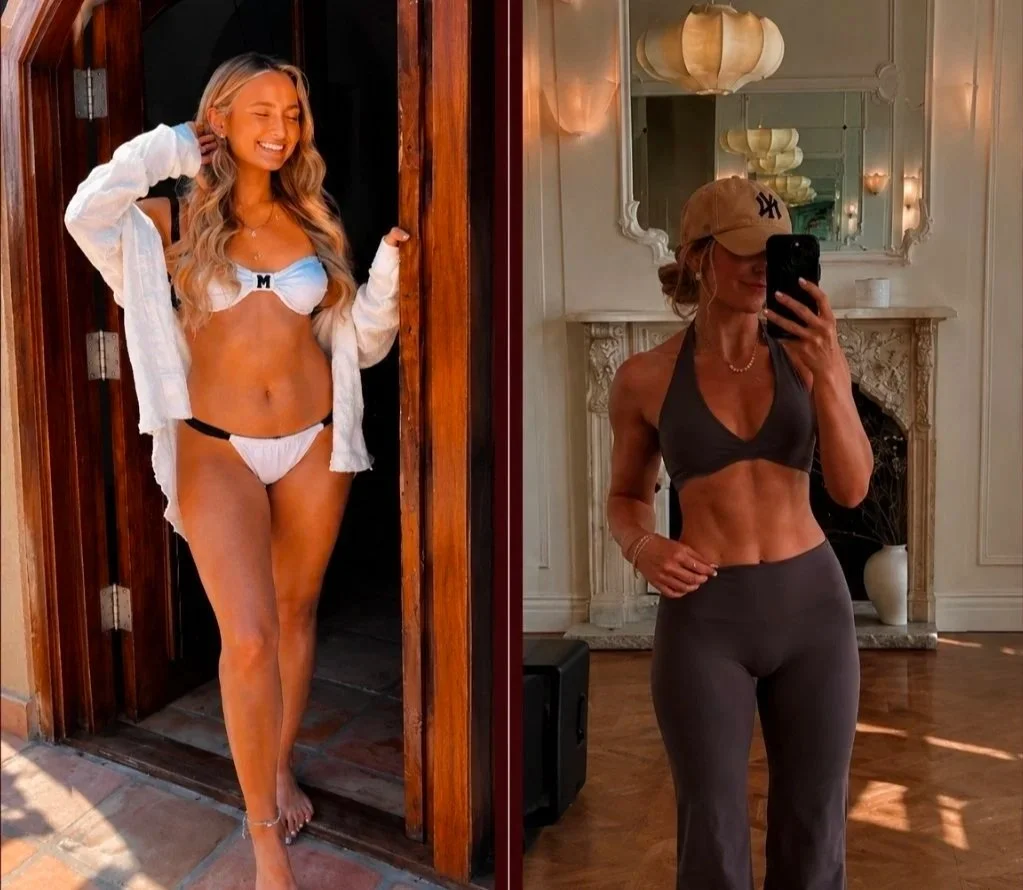 Side-by-side photos of a woman with toned abs, one taken outdoors in swimwear, the other indoors in workout attire. In the outdoor photo, she is smiling, wearing a white bikini and a light cover-up. In the indoor photo, she is taking a mirror selfie, wearing a dark sports bra, matching leggings, a beige cap, and a pearl necklace.