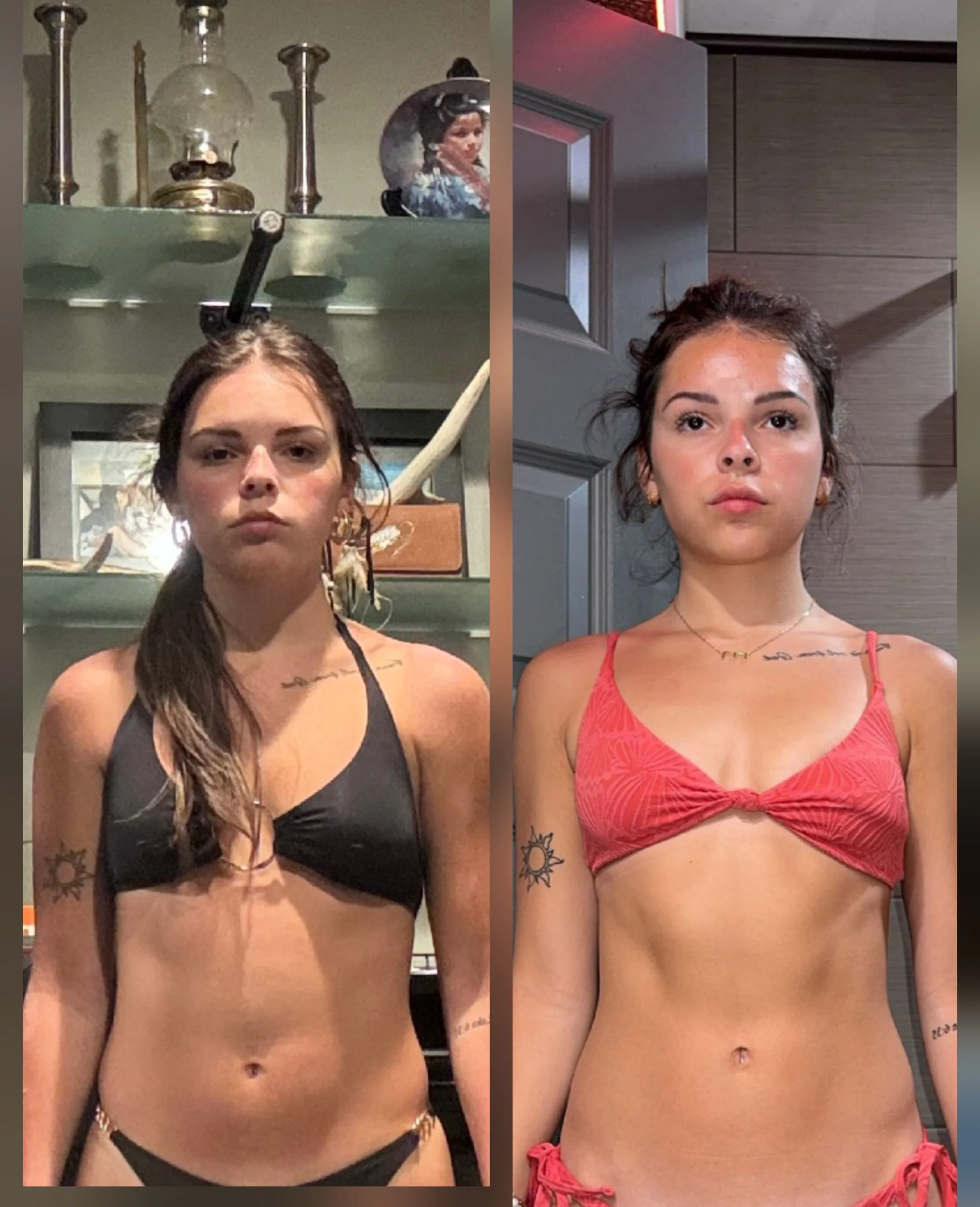 Side-by-side comparison of a woman with light skin and dark brown hair, wearing minimal clothing, with tattoos on her arms and chest. The left side shows her in a black bikini top with messy hair and a serious expression, standing against a backgroun
