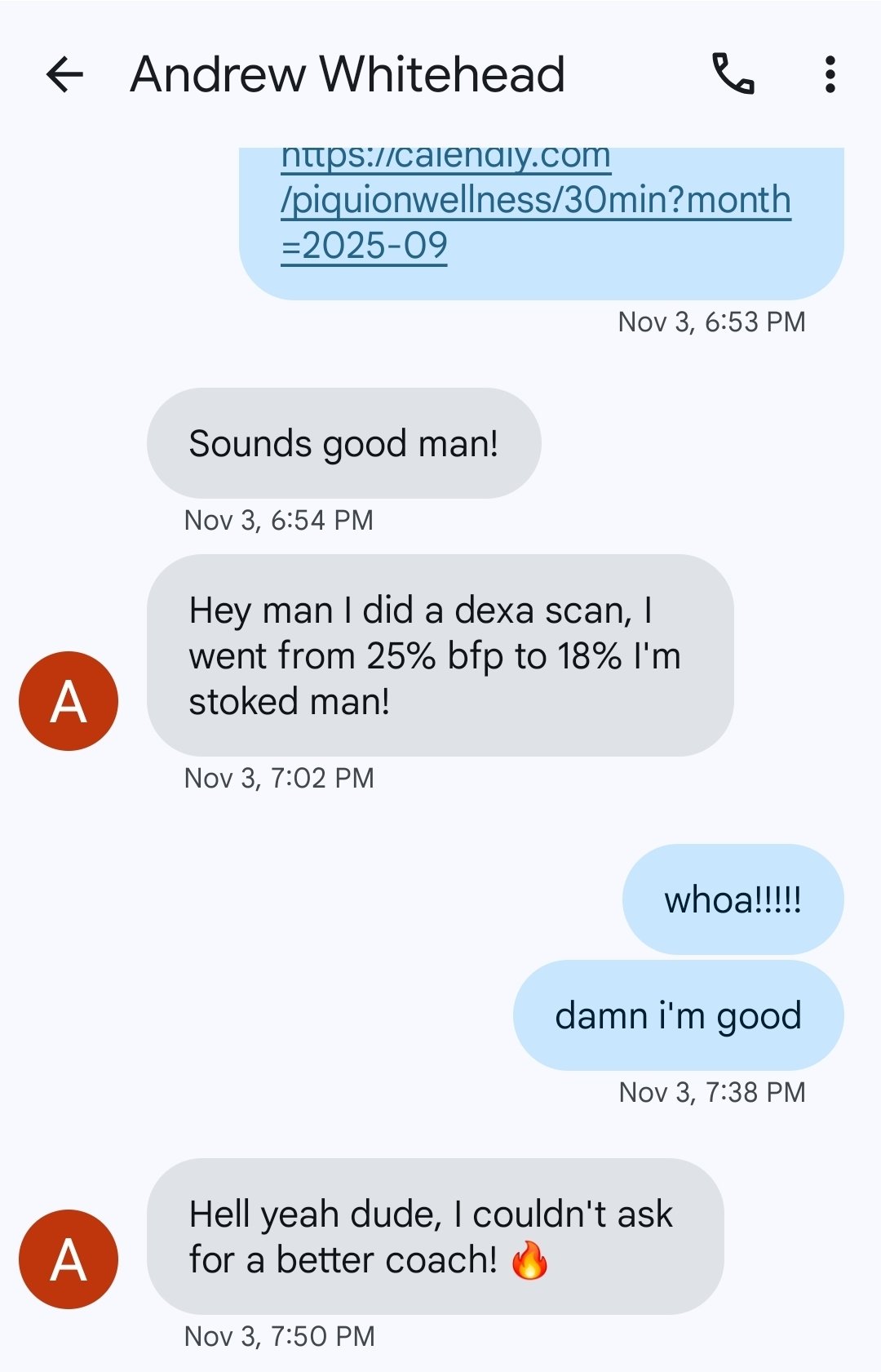A screenshot of a text message conversation discussing a health scan, with comments expressing excitement and admiration for the results.