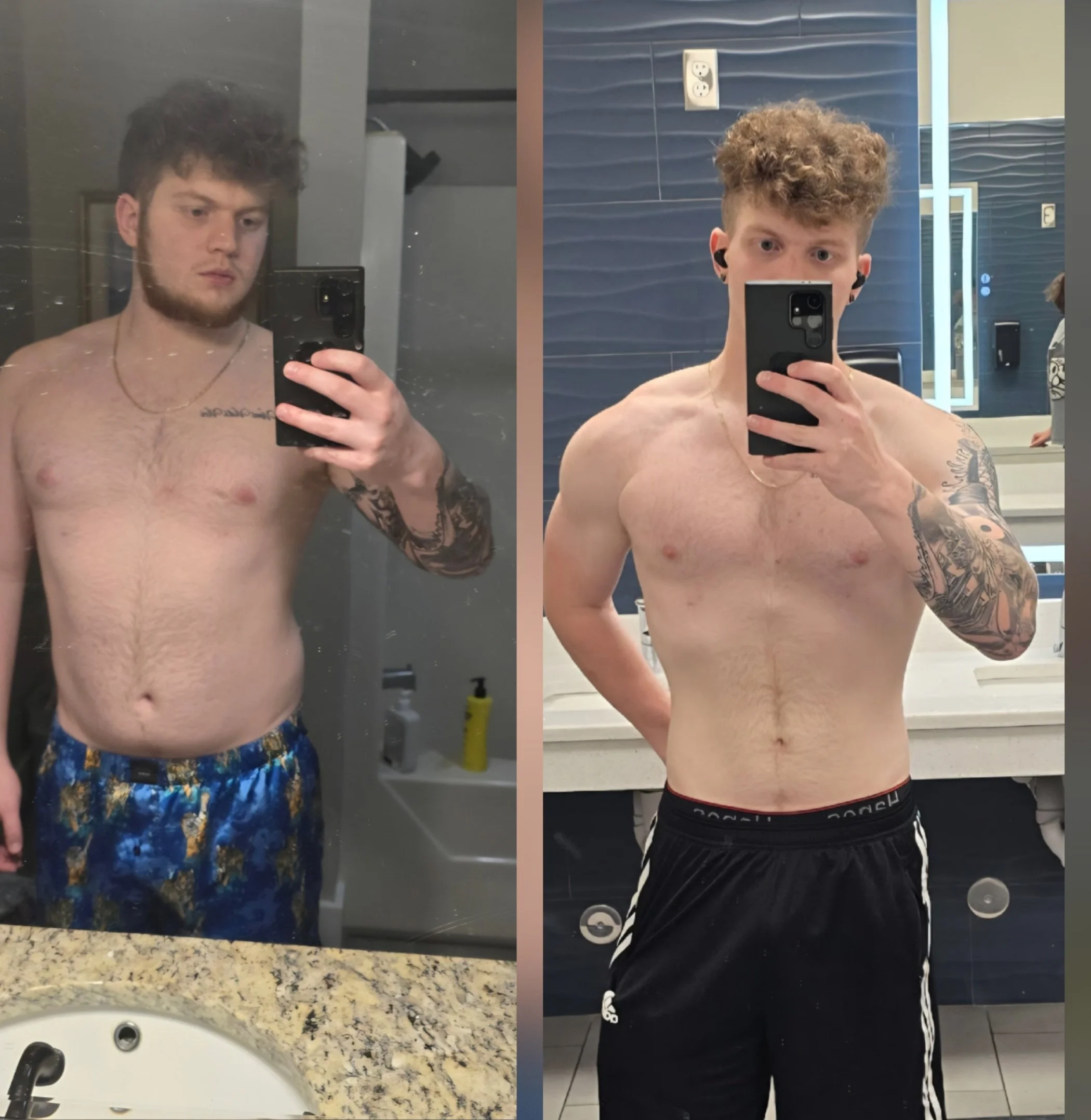 Side-by-side mirror selfies of a shirtless young man with curly hair, tattoos, and earbuds, taken in a bathroom with blue tiled walls. The left photo shows the man with a neutral expression, wearing patterned shorts, while the right photo shows him w