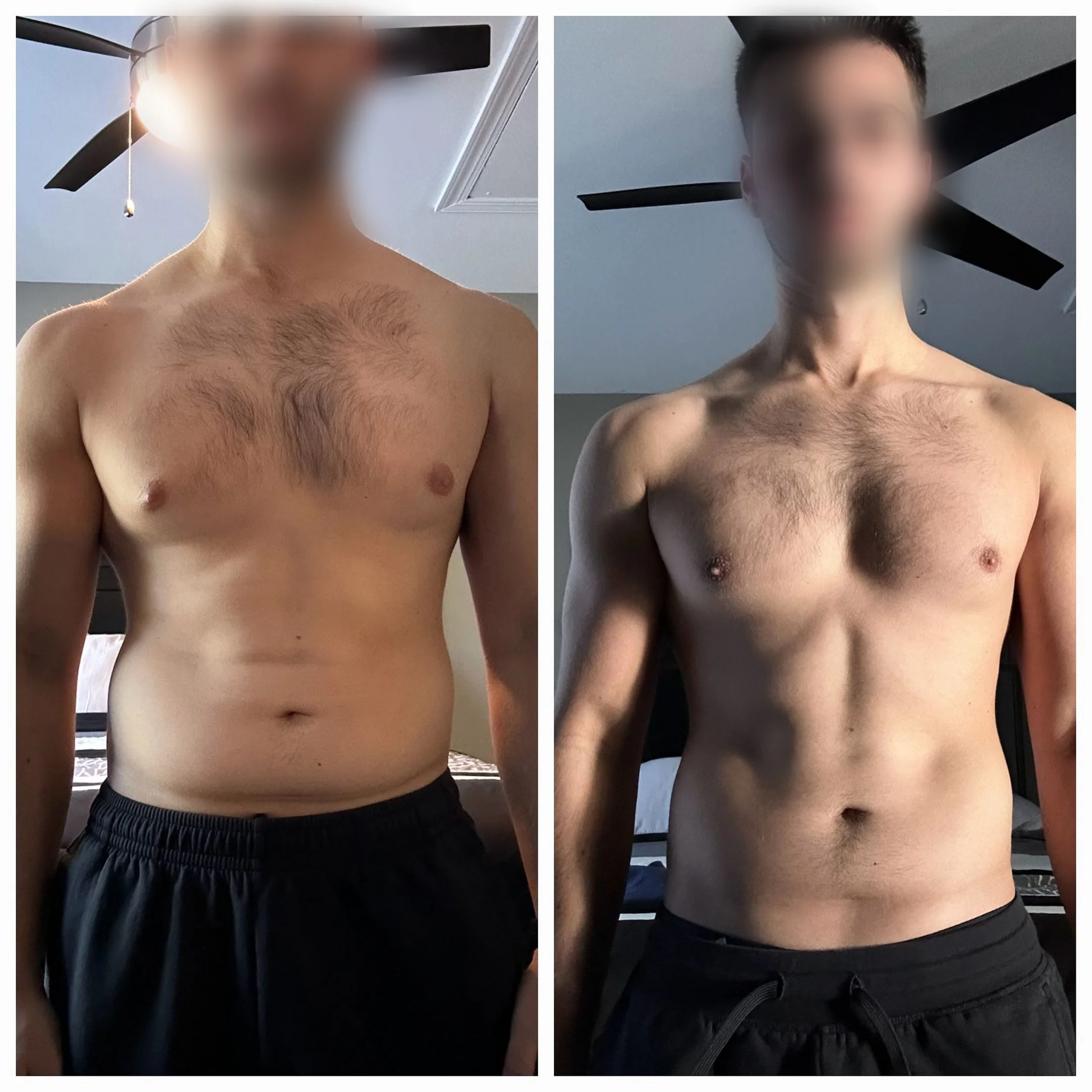 Side-by-side images of a shirtless man, with the left image showing him with hair on his chest and the right image showing him shaved. The man is wearing black shorts in both photos, and the background includes a ceiling fan in both images.