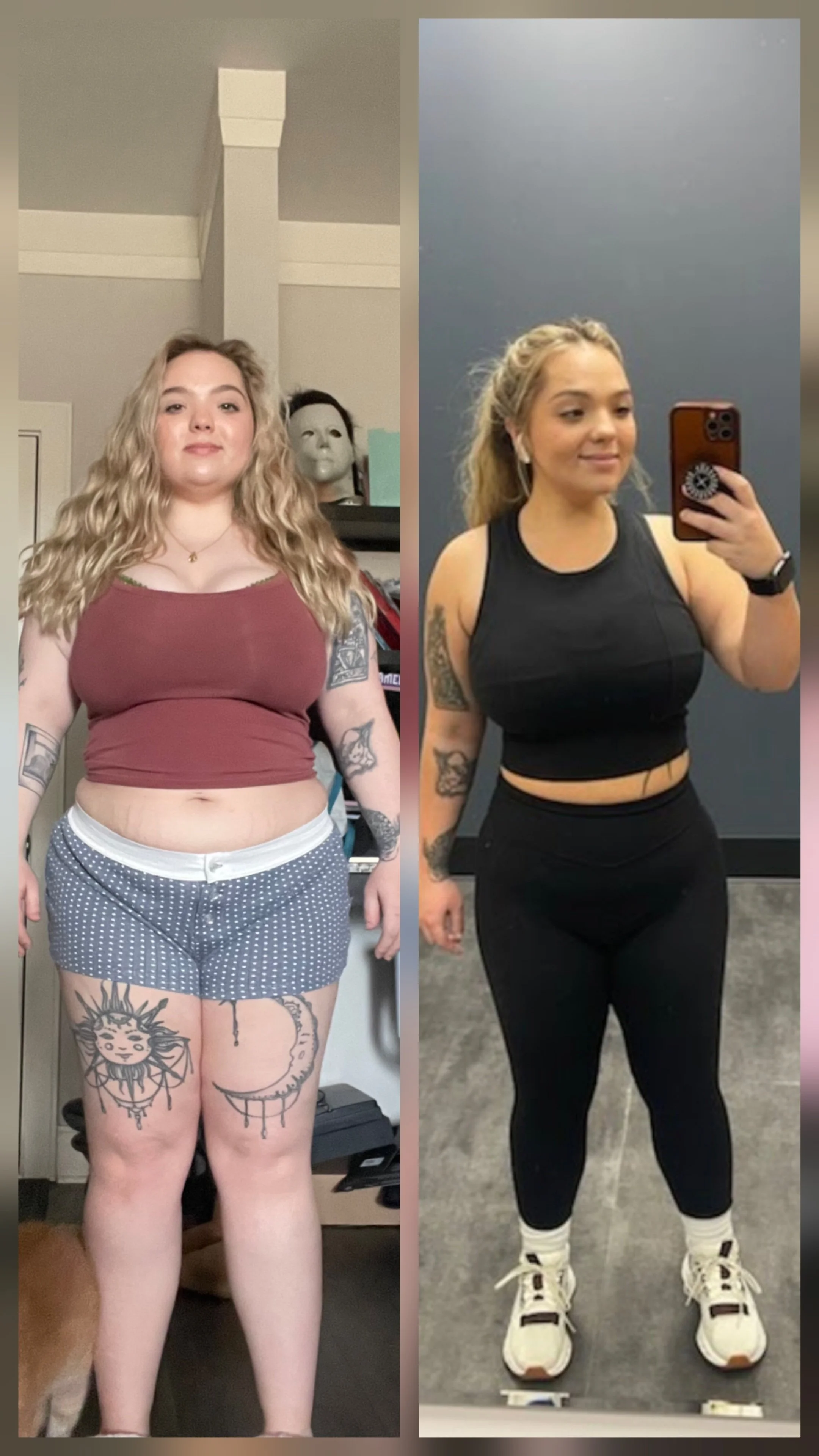 Comparison of a woman before and after weight loss. On the left, she has longer, curly blonde hair, tattoos on her arms and legs, and is wearing a maroon crop top and polka dot shorts. On the right, she has her hair tied back, no visible tattoos, and is dressed in black workout clothes, taking a selfie in a gym mirror.