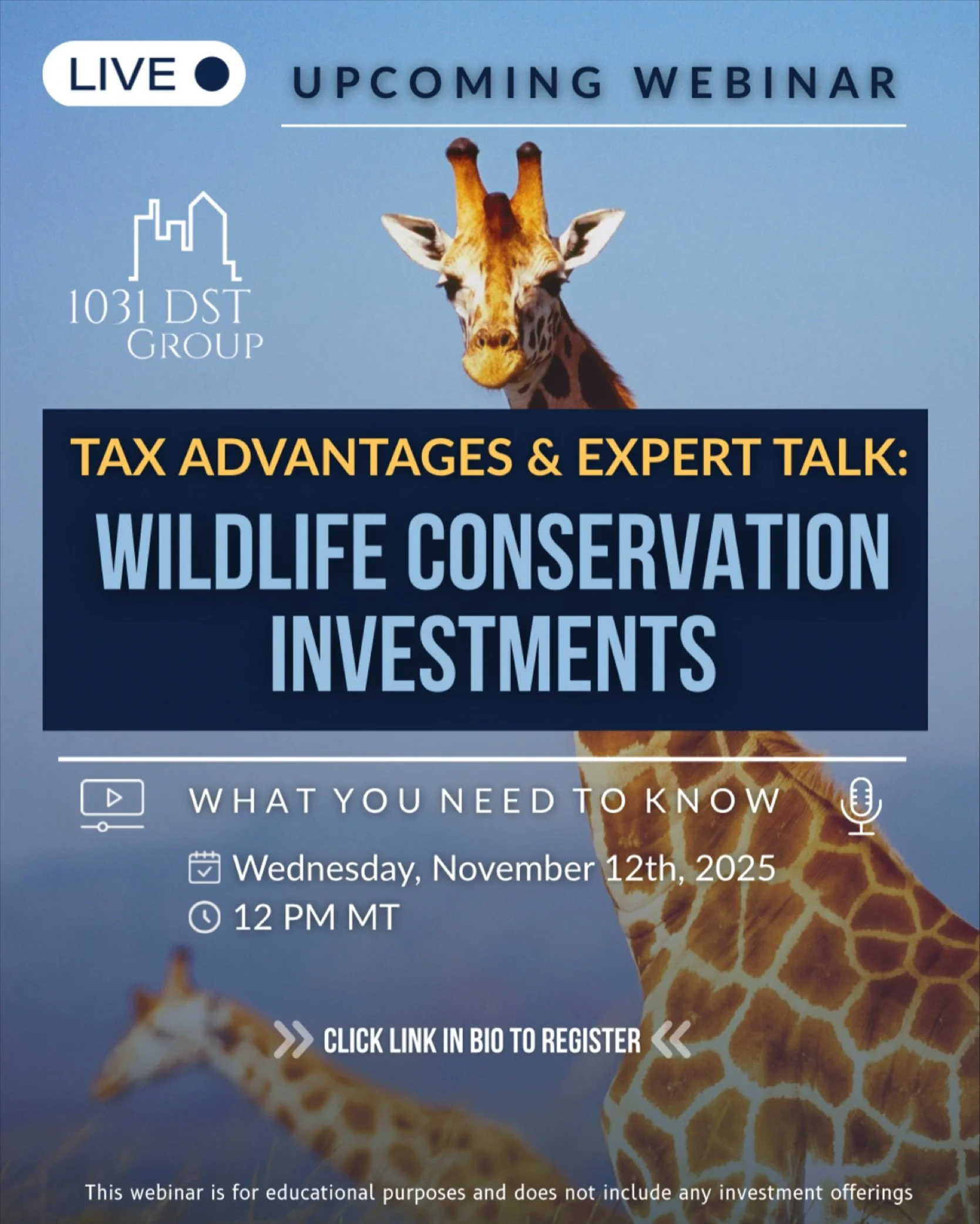 🦓 UPCOMING WEBINAR 🦓

Ever wondered how wildlife conservation programs work and how tax advantages come into the picture?
Join us for the upcoming webinar hosted by our president: Ray DeWitt (1031 DST Group) with guest insight from Chris Gilroy (Wi