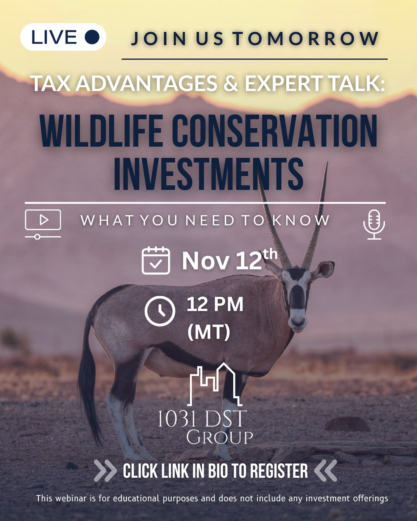 🎥 We go live TOMORROW! 📲

Join or president: Ray DeWitt (1031 DST Group) with guest insight from Chris Gilroy (Wildlife Partners) for an educational discussion on how wildlife conservation programs are structured, how current tax rules may apply, a
