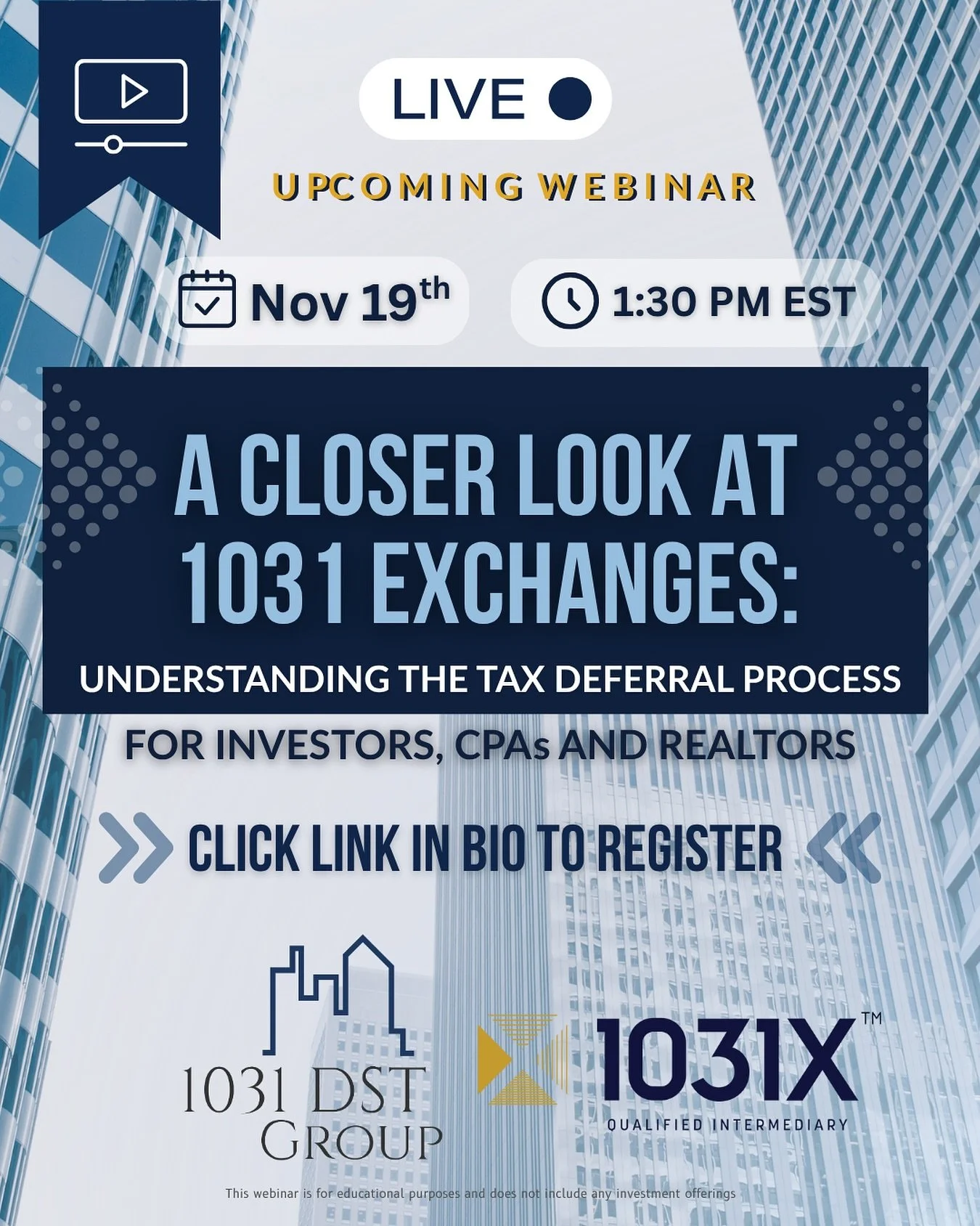 Ever wondered how a 1031 exchange actually works in practice?

Join Ray DeWitt (1031 DST Group) and Sean Ross (CEO, 1031X &ndash; a nationwide 1031 intermediary) for A Closer Look at 1031 Exchanges: a live educational chat and Q&amp;A designed for in