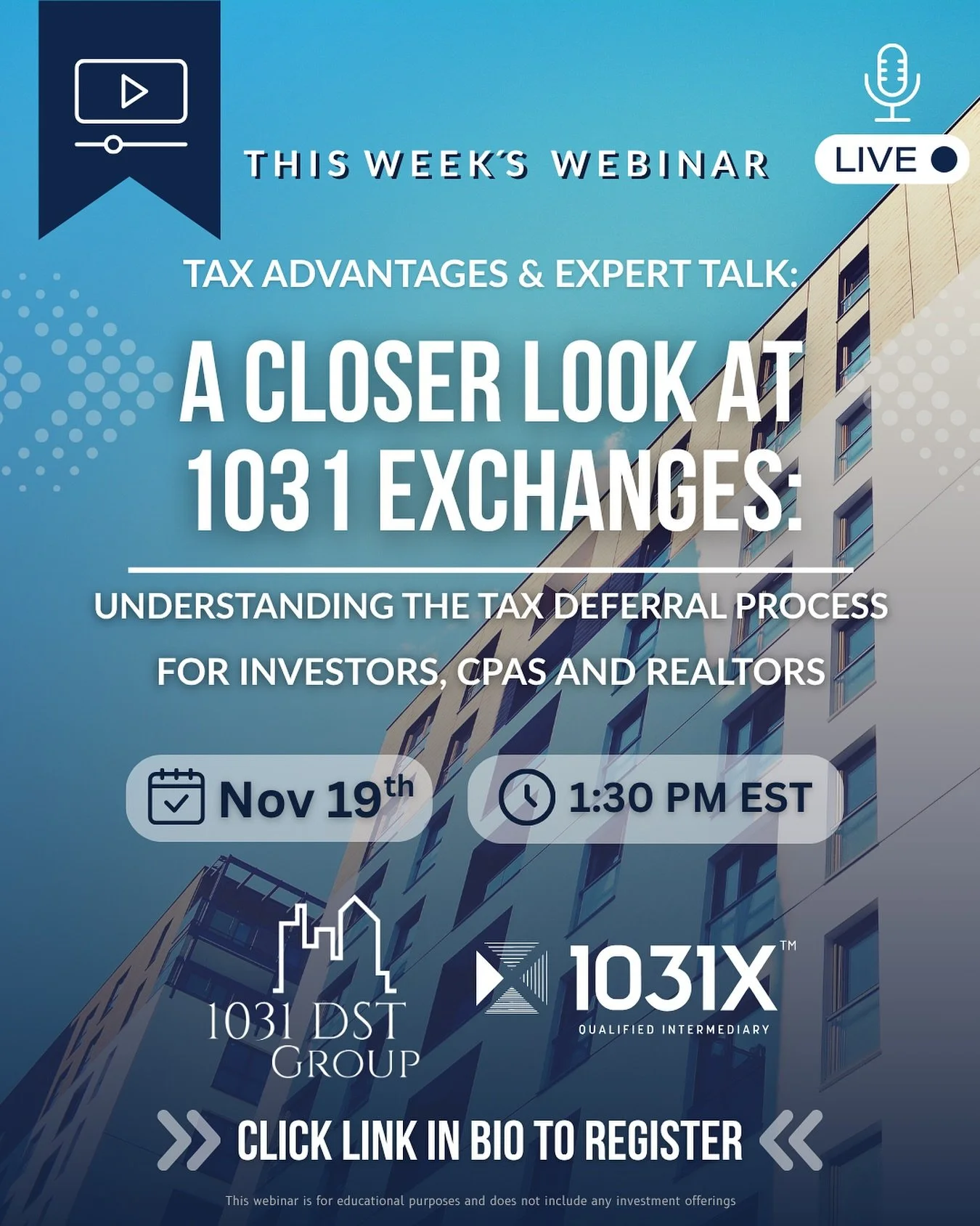 🗓 THIS WEEK: A Closer Look at 1031 Exchanges

Join Ray DeWitt (1031 DST Group) and Sean Ross (1031X) for a practical discussion on how 1031 exchanges really work, from timelines and tax rules to what investors, CPAs, and realtors need to know about 