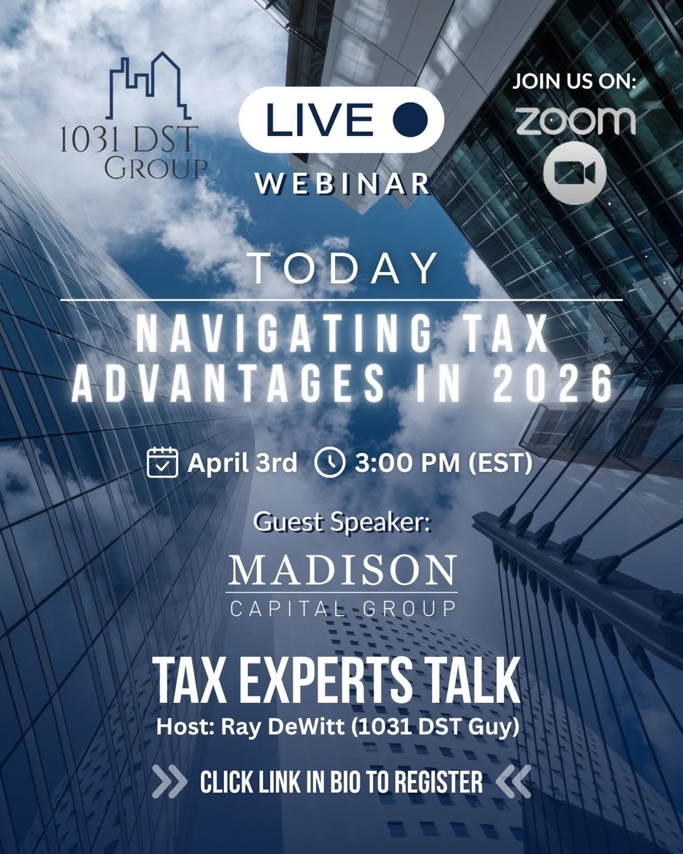 Join Us Today!

Ray DeWitt, President of 1031 DST Group, and Ryan Hanks, CEO of Madison Capital Group, go live for an educational webinar focused on innovative tax advantages, advanced planning considerations, and sophisticated strategy conversations