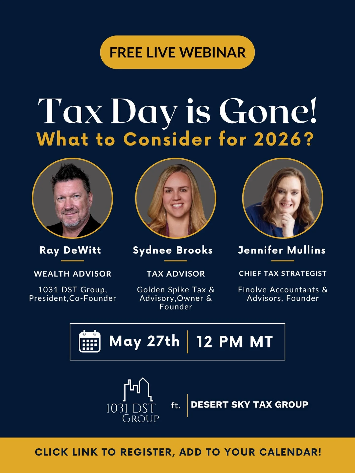 📢 Mark your calendar! For this FREE WEBINAR you don't want to miss!

We're teaming up with Desert Sky Tax Group, expert Tax Advisors for a live webinar on what smart investors and business owners should be doing NOW that tax season is over.

🗓️ Tax