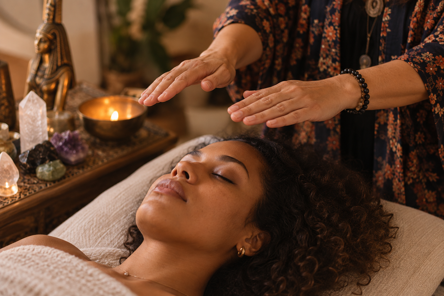 Reiki Healing of a woman with healer's hands over the woman's head