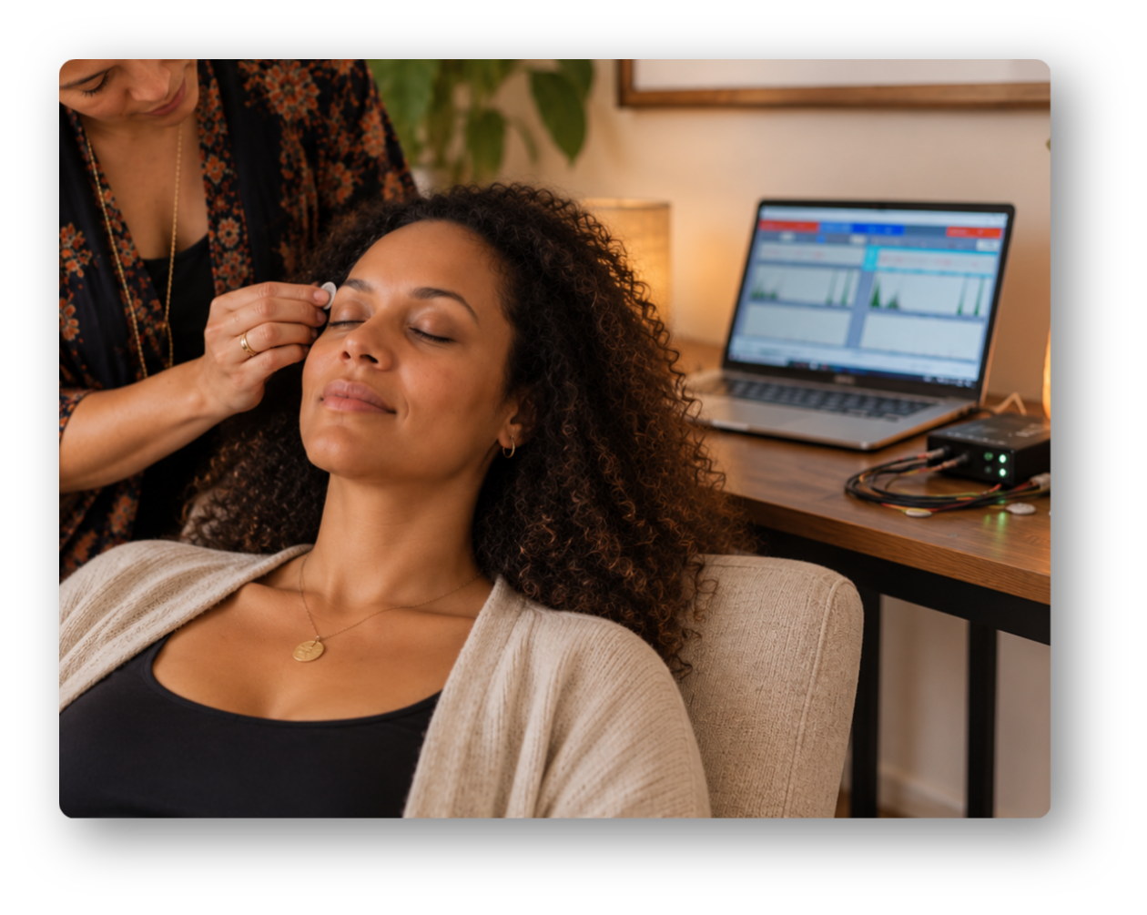 Woman having IASIS Microcurrent Neurofeedback (MCN)‍  ‍