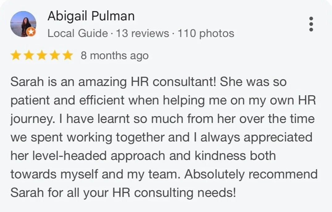 Screenshot of google review showing Thrive HR's professionalism
