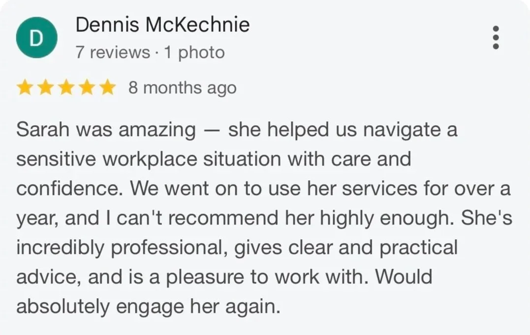 Screenshot of google review showing Thrive HR's professionalism