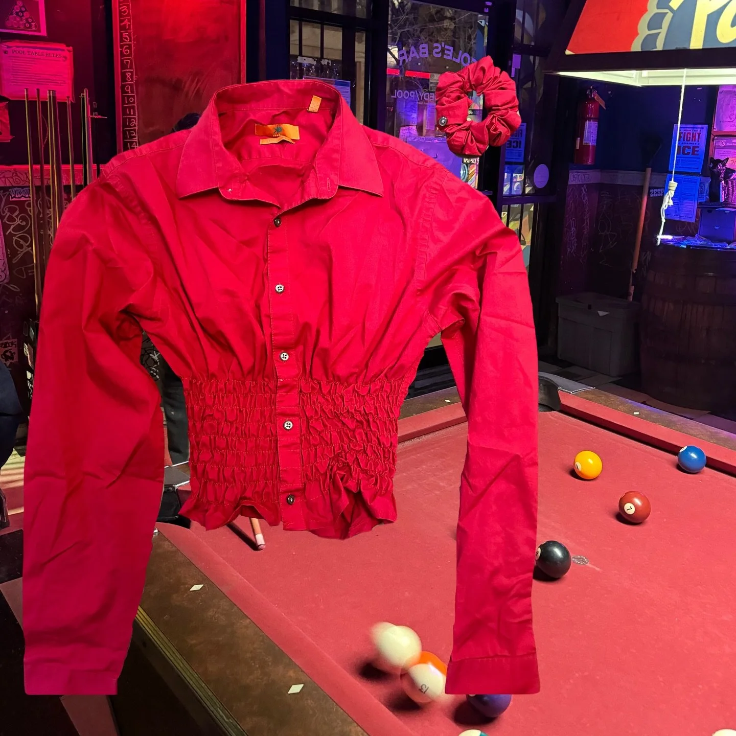 homemade gift #3!! an upcycled button up for Emma :) i unfortunately did not take a picture of it before but i basically found a thrifted button up then cropped it and sinched the waist with elastic thread and then used the left over fabric to make h