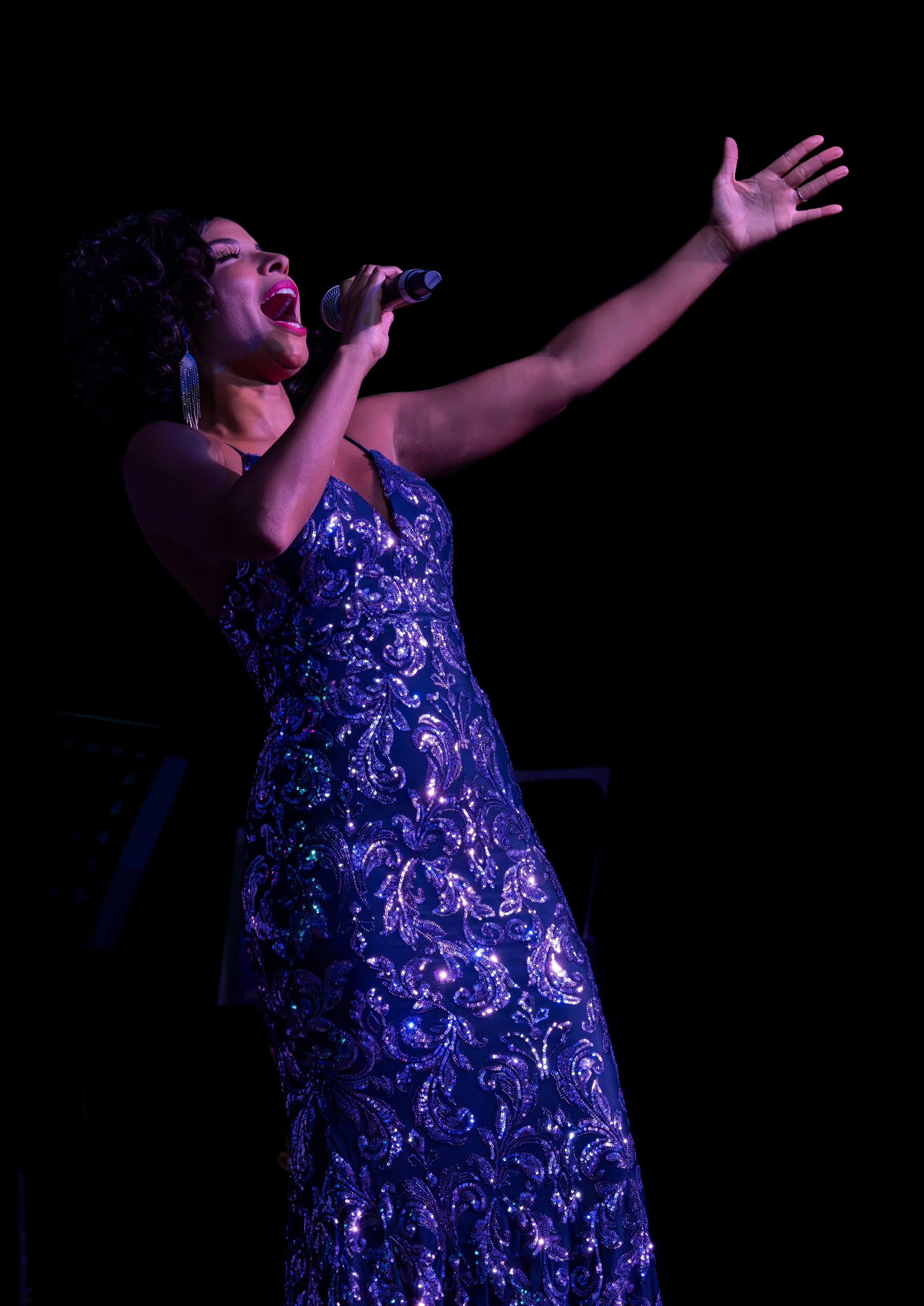 A woman singing into a microphone, wearing a purple dress with silver patterns and long earrings, singing passionately on stage against a dark background.