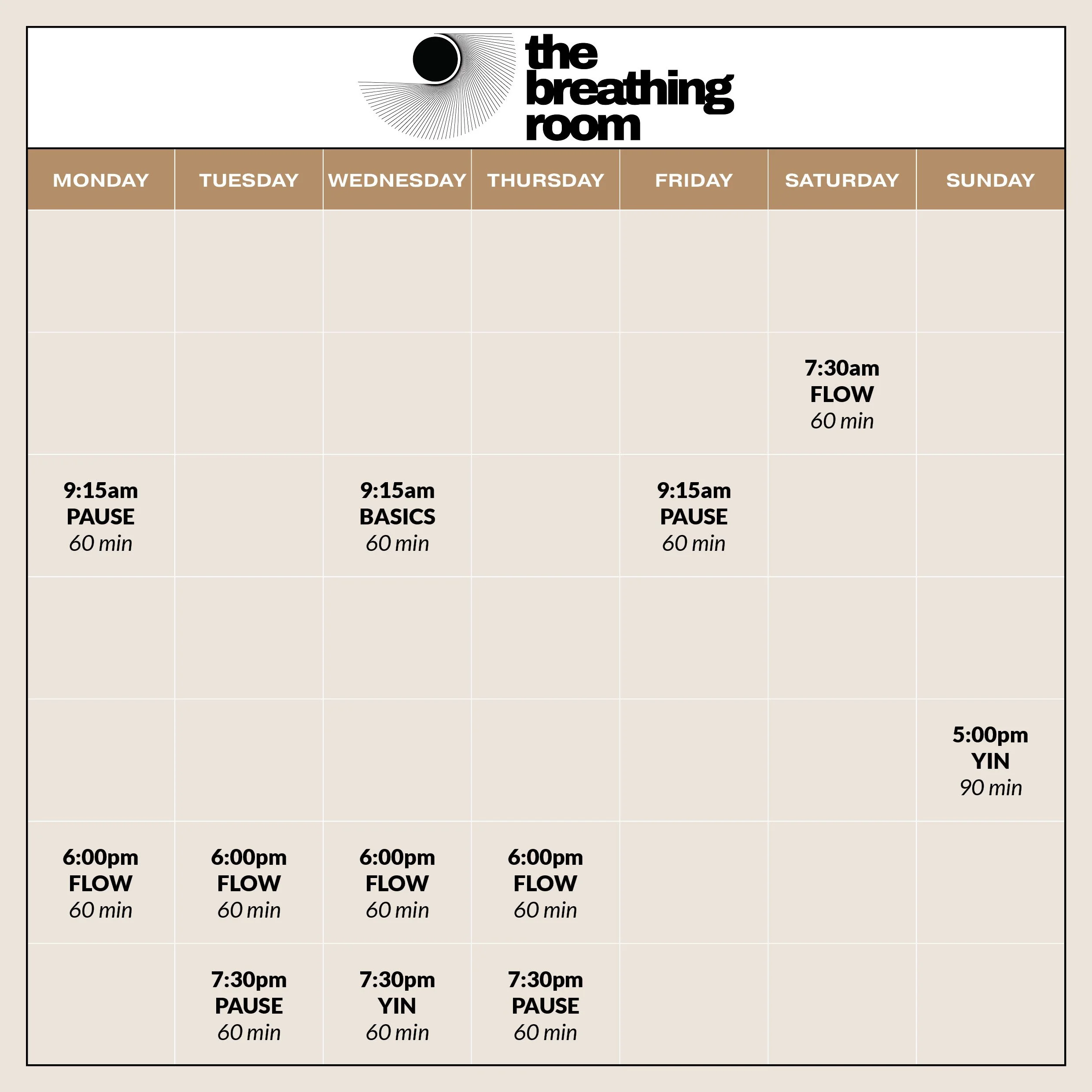 Weekly schedule for 'the breathing room' yoga classes, including classes like PAUSE, BASICS, FLOW, YIN, and scheduled times from Monday to Sunday.