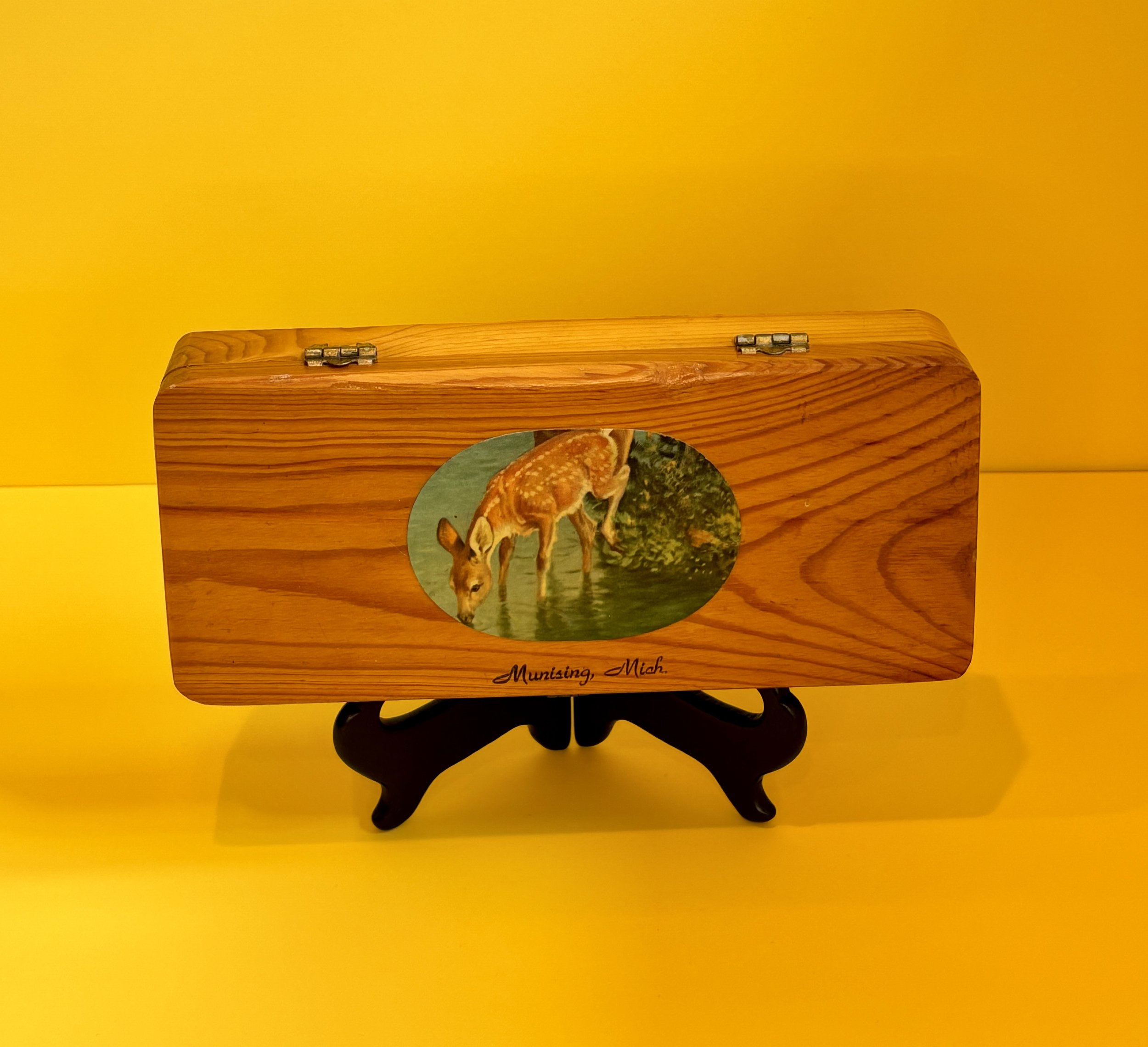 Wooden KEEPSAKE BOXES were once popular roadtrip souvenirs but you rarely come across them these days. This sweet jewelry box hails from Munising MI, home to the stunning sandstone Pictured Rocks National Lakeshore.