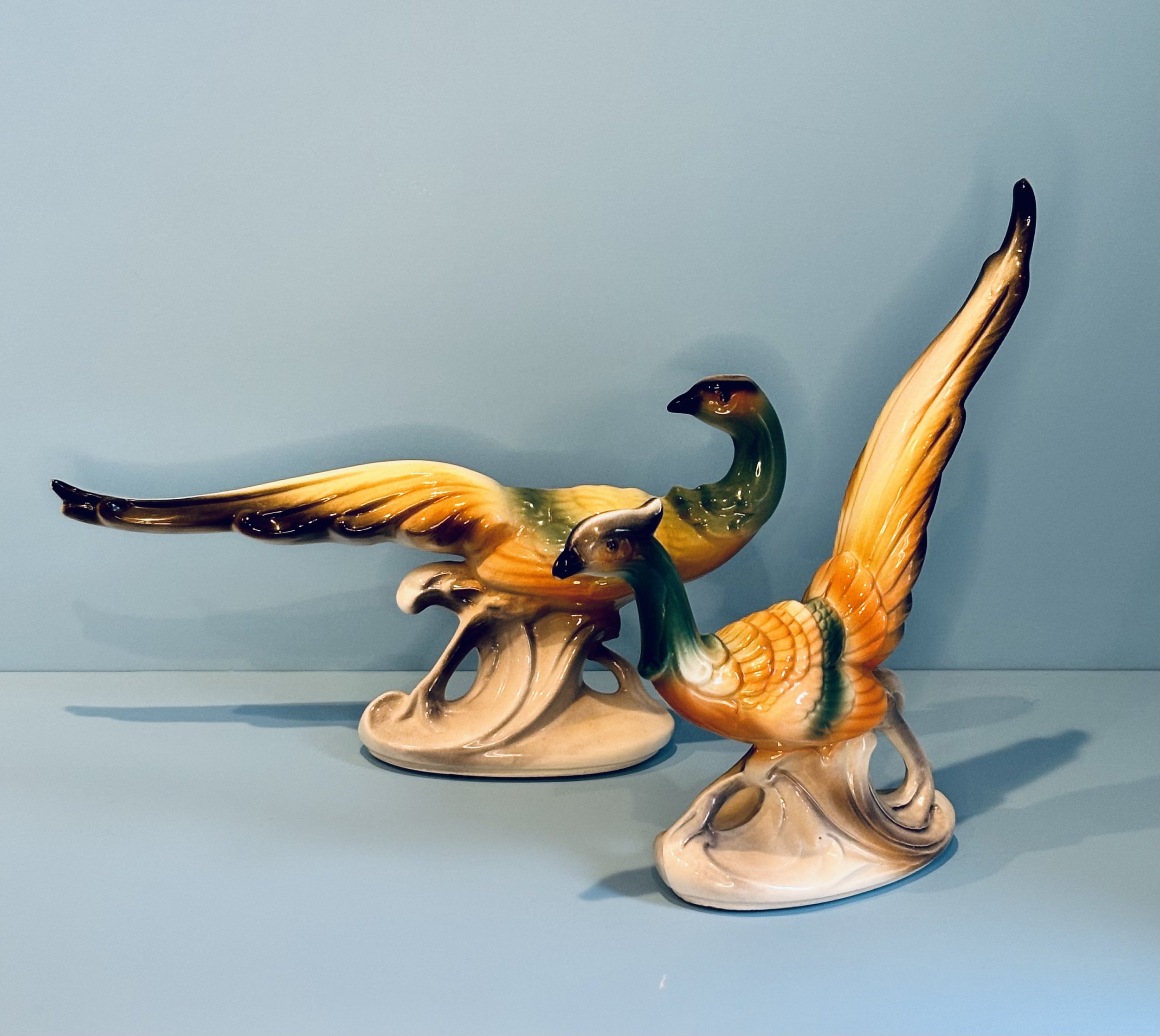 ROYAL COPLEY FIGURINES were made by the Spaulding China Company of Sebring, Ohio, from 1939 to 1960. Their motto was "Gift shop merchandise at chain store prices!" and fine PHEASANTS like these were sold at Woolworths. They are gorgeous. 