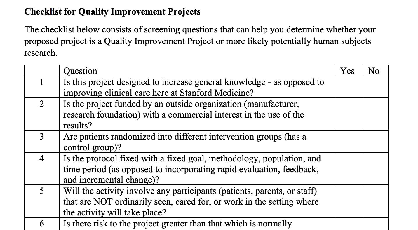 Checklist for IRB oversight determination: is my project Research or Quality Improvement?