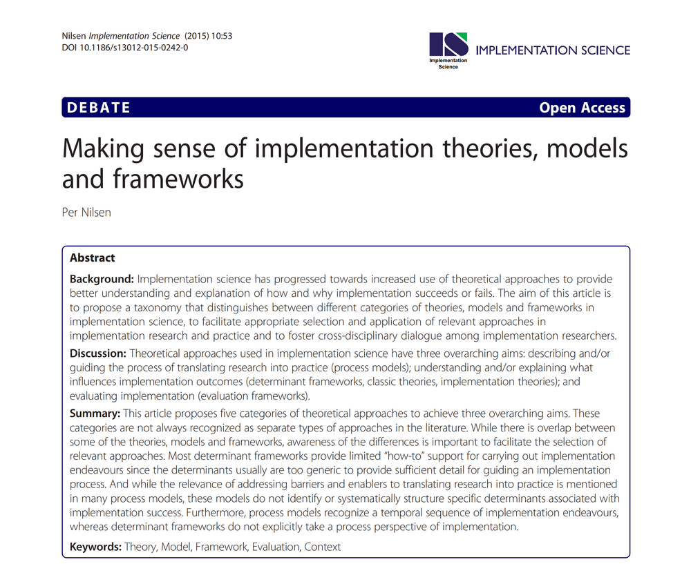 Making Sense of Implementation Theories, Models, and Frameworks ...
