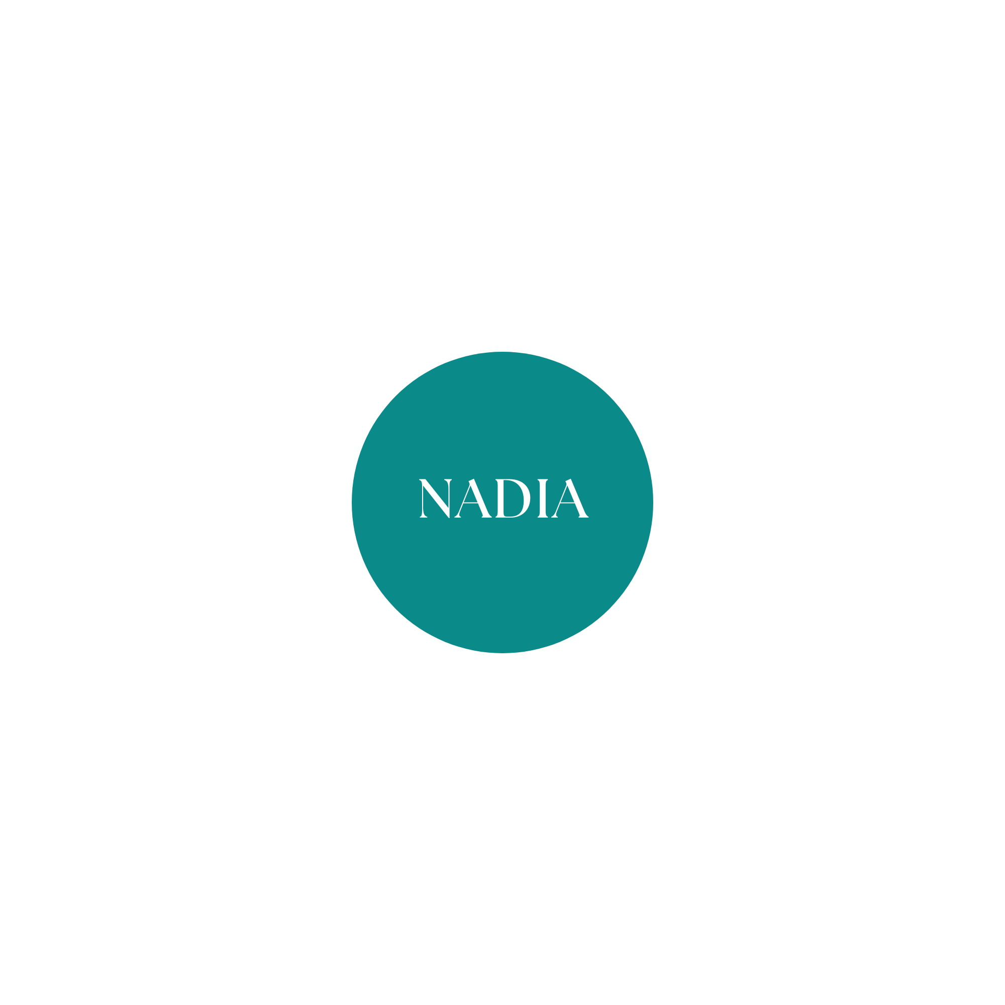 White background with a teal circle in the lower part containing the name 'NADIA' in white text.