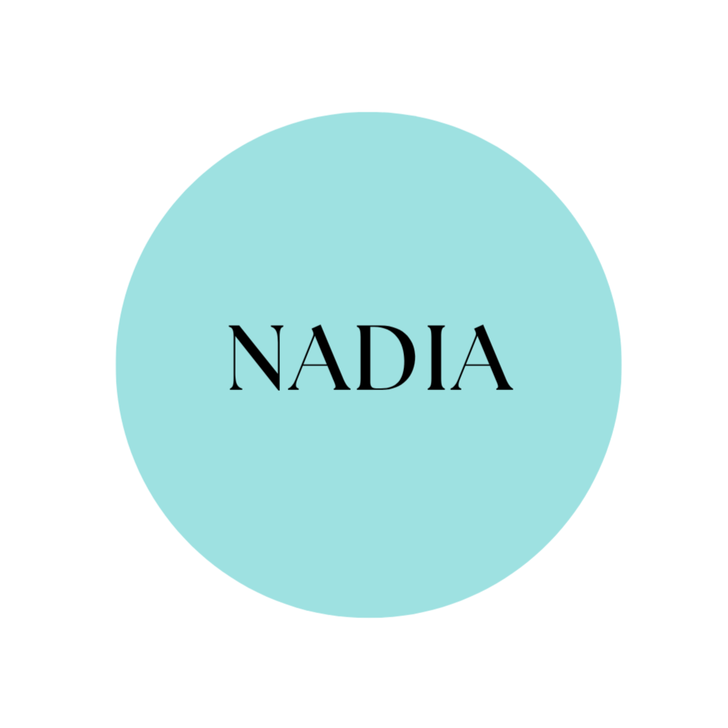 White background with a teal circle in the lower part containing the name 'NADIA' in white text.