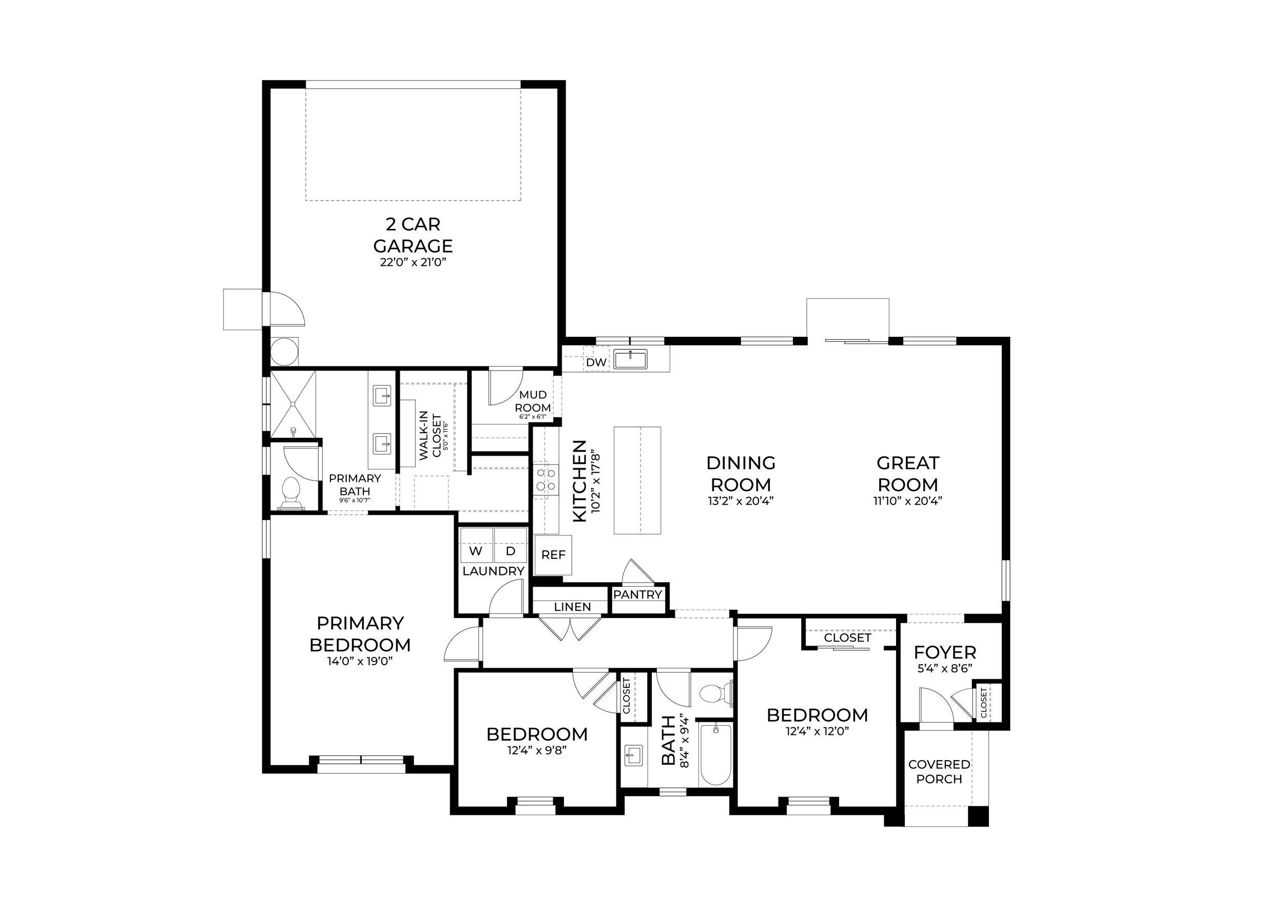 Floor plan of a house with a 2-car garage, primary bedroom with bath and walk-in closet, two additional bedrooms, laundry room, kitchen, dining room, great room, and foyer with covered porch.
