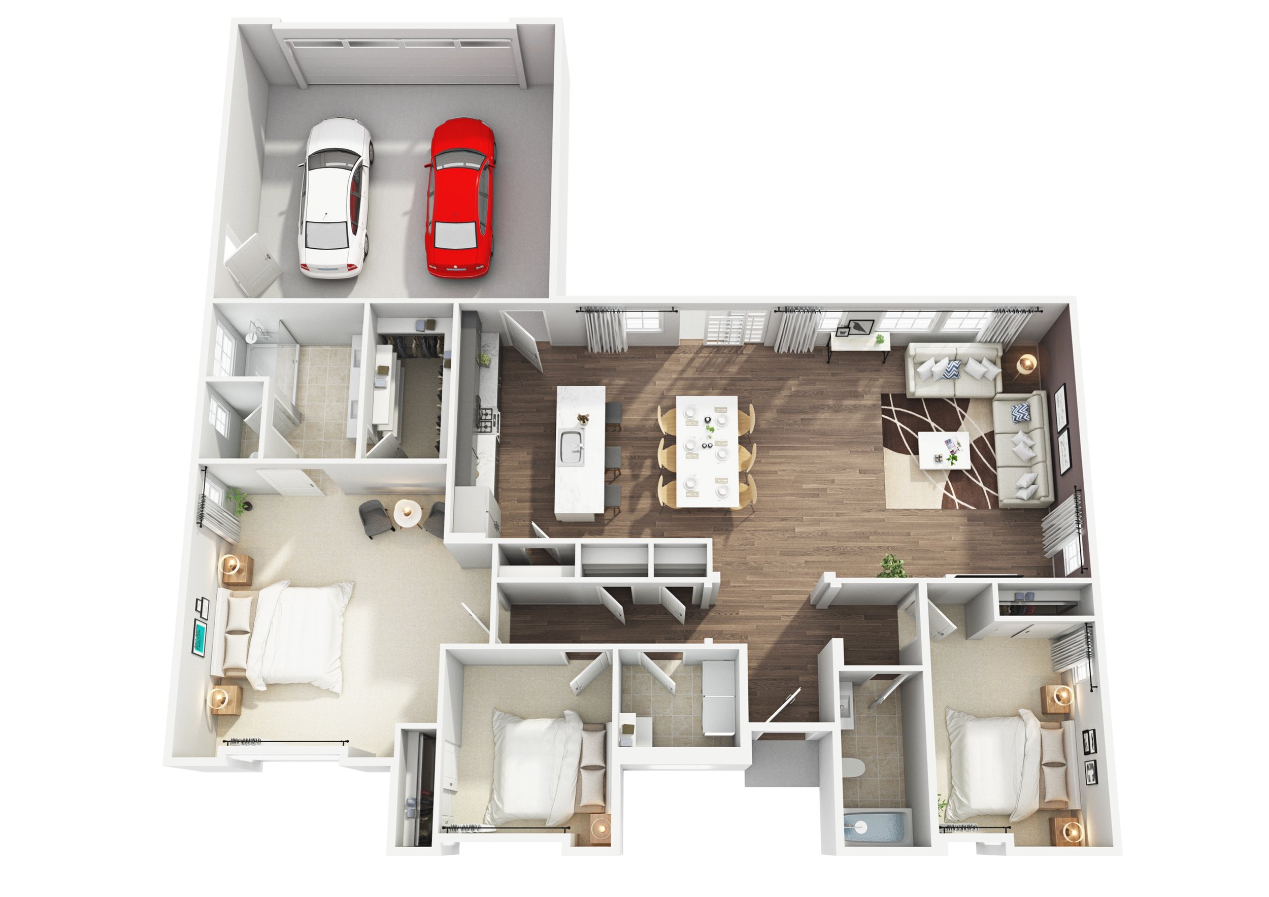 3D floor plan of a house with two bedrooms, living room, dining area, kitchen, bathrooms, and a garage for two cars.