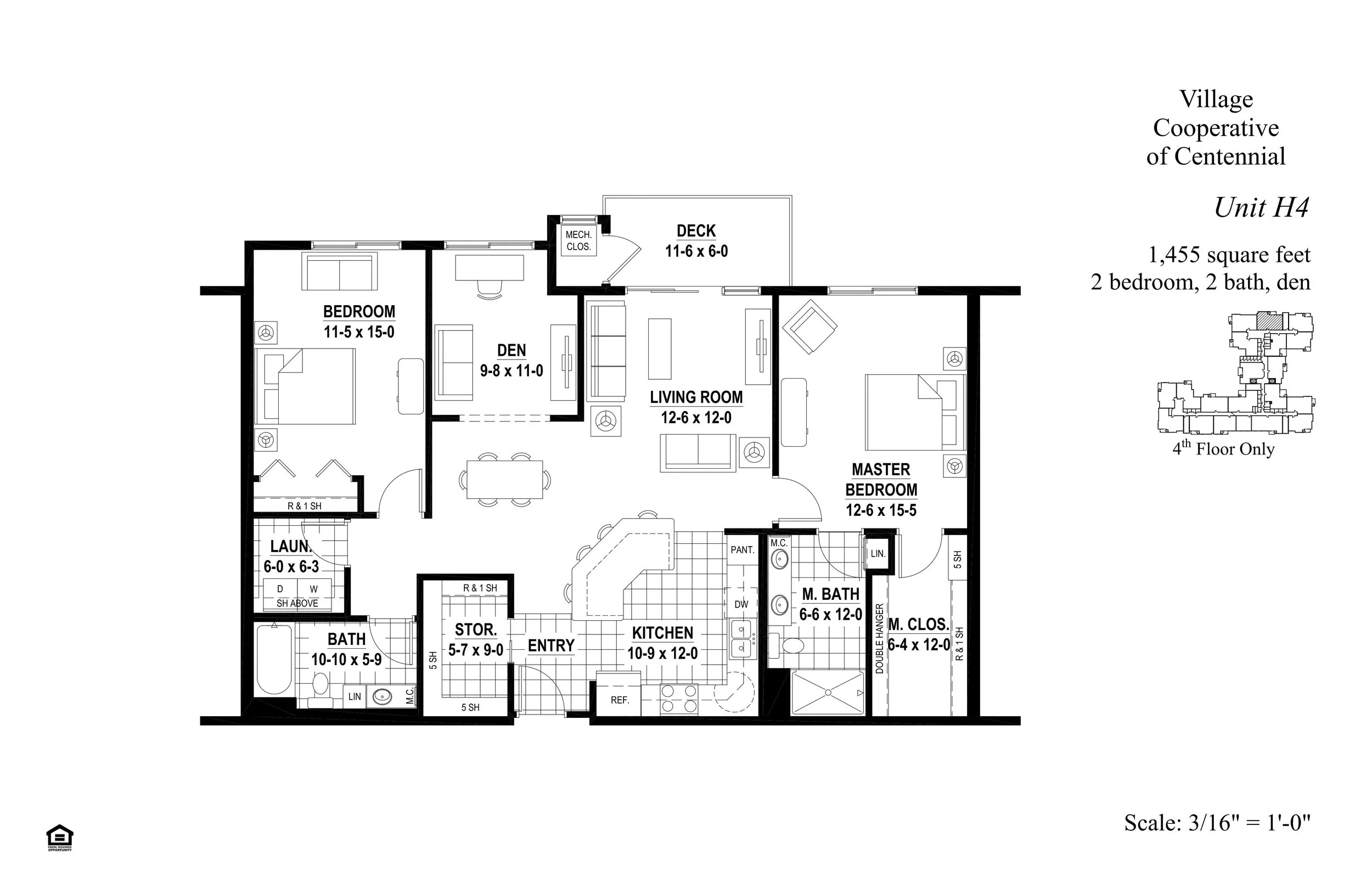 Plan H4 — 2 Bed · 2 Bath · Den — 1,455 sq ft
