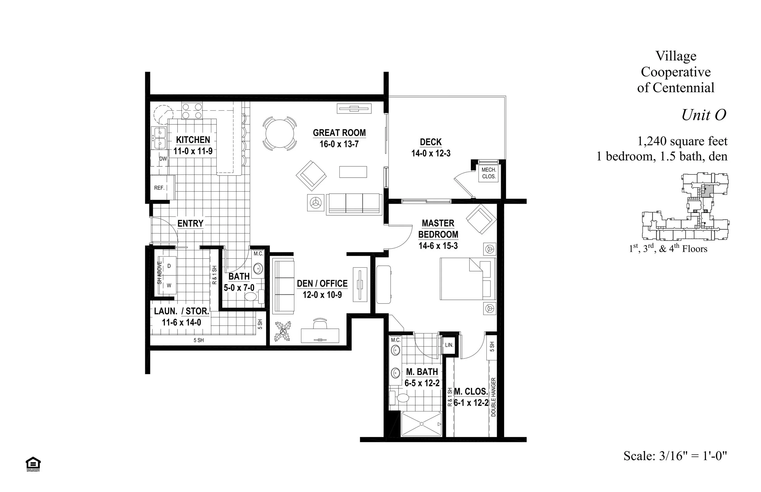 Plan O — 1 Bed · 1.5 Bath · Den — 1,240 sq ft