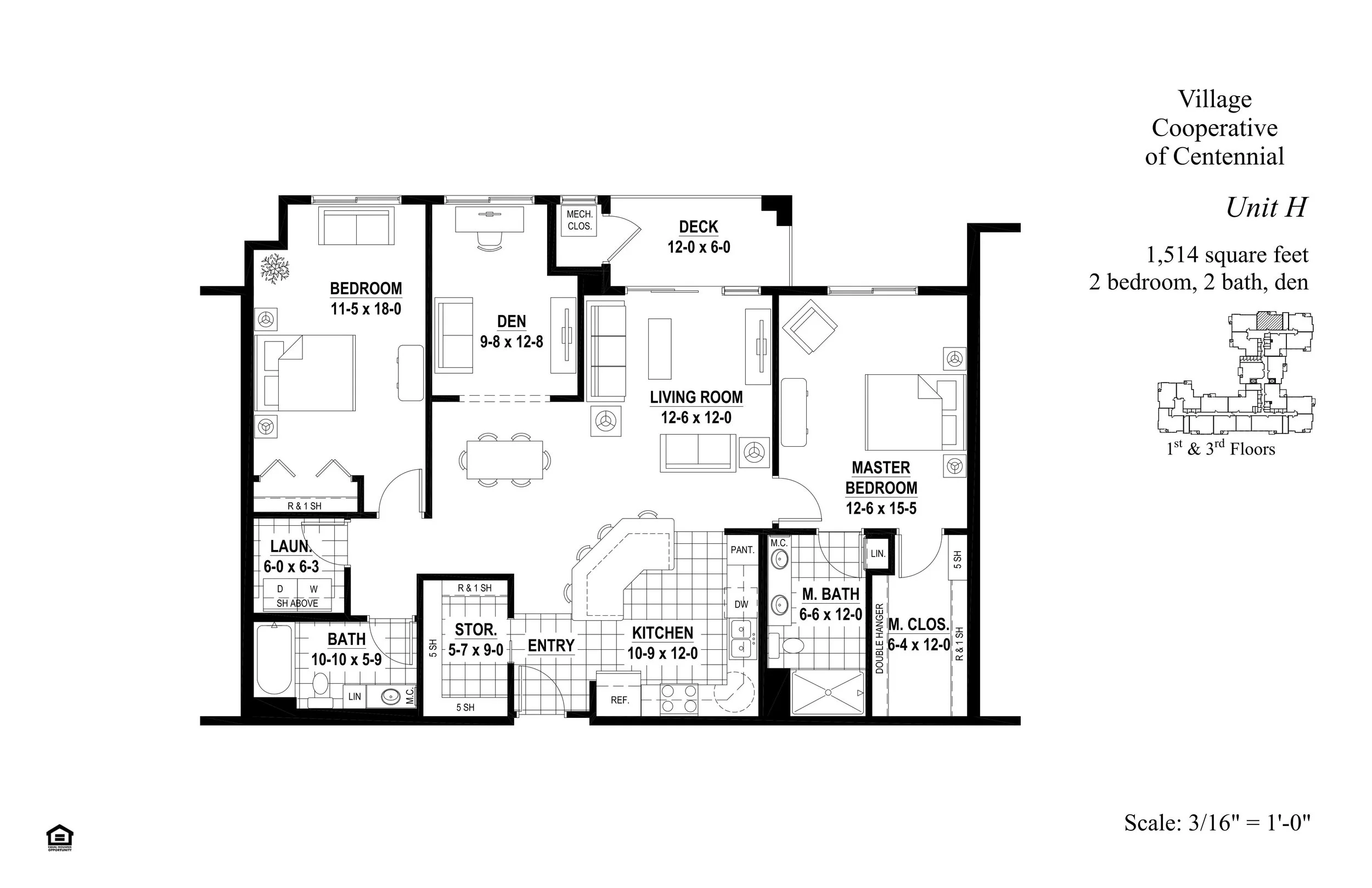 Plan H — 2 Bed · 2 Bath · Den — 1,514 sq ft