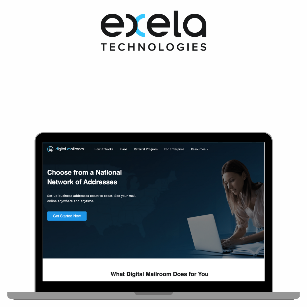 Laptop screen displaying Digital Mailroom website with a woman working on a laptop and a dark blue background.