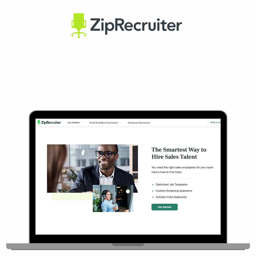 Laptop screen displaying ZipRecruiter website with the headline 'The Smartest Way to Hire Sales Talent' and images of professionals in a business setting.