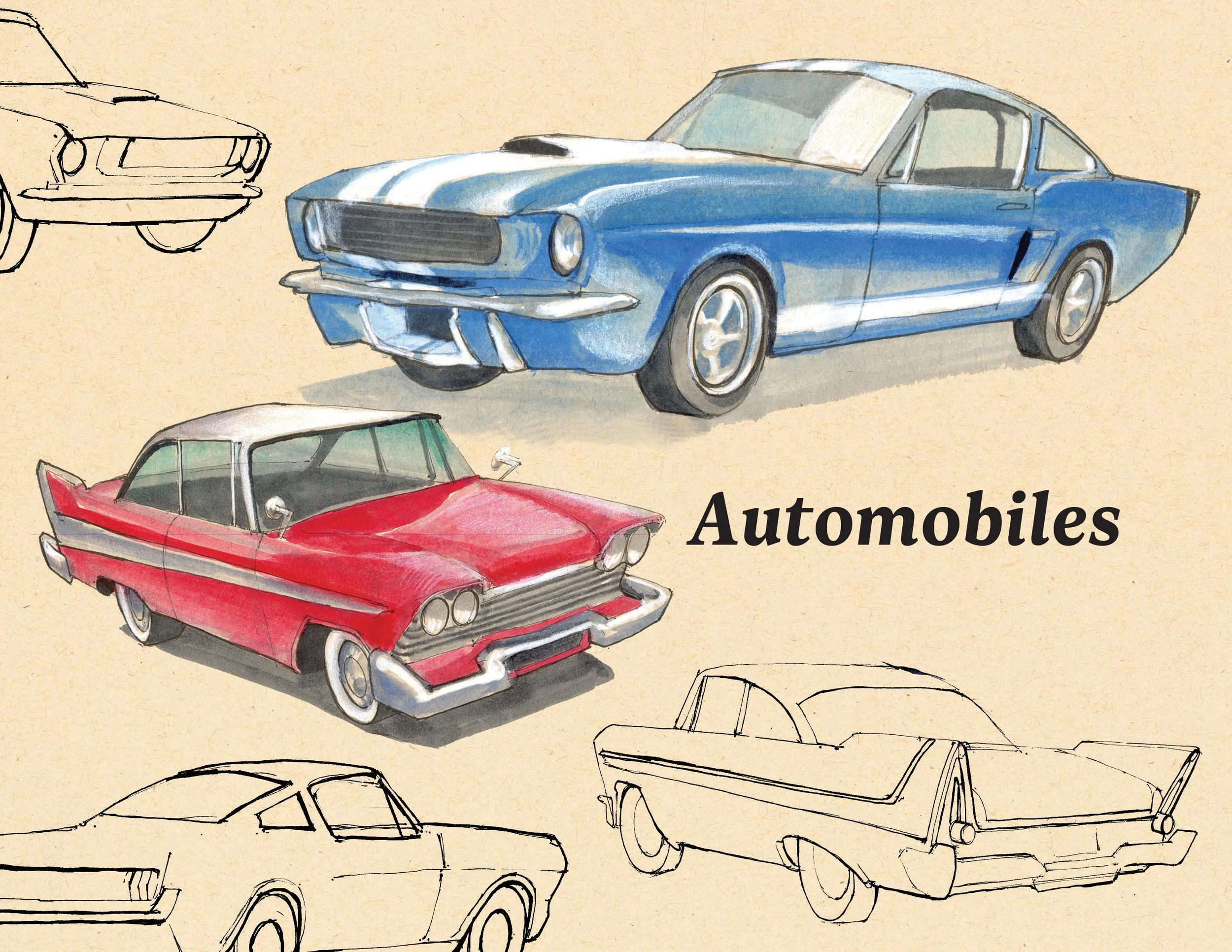 · Automobiles Cover · Aug. 2025 · 8.5 x 11 in. · Pen & ink, marker, white color pencil, watercolor ·