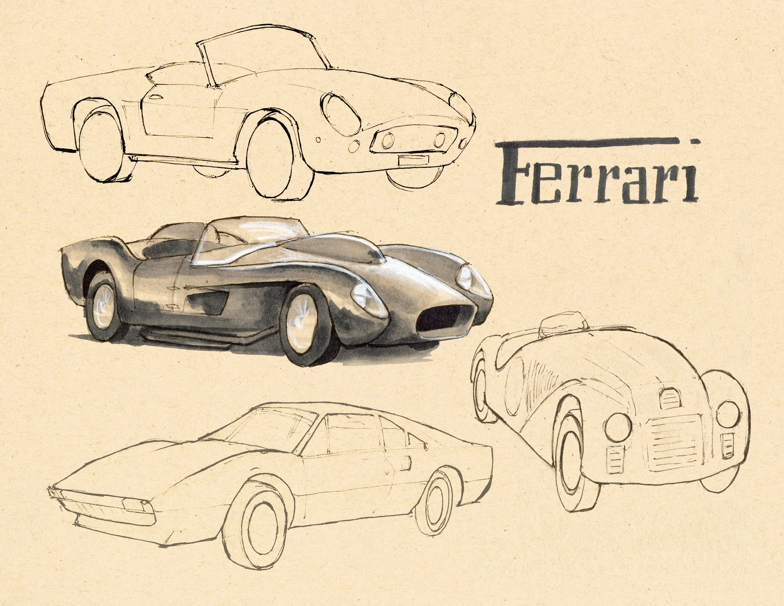 · Ferrari · Aug. 2025 · 8.5 x 11 in. · Pen & ink, marker, white color pencil ·