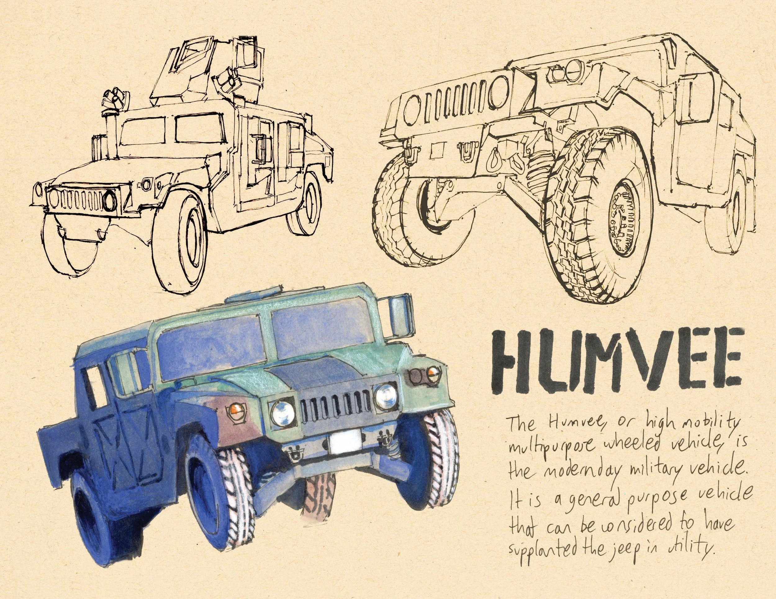 · HUMVEE · Aug. 2025 · 8.5 x 11 in. · Pen & ink, marker, white color pencil, watercolor ·